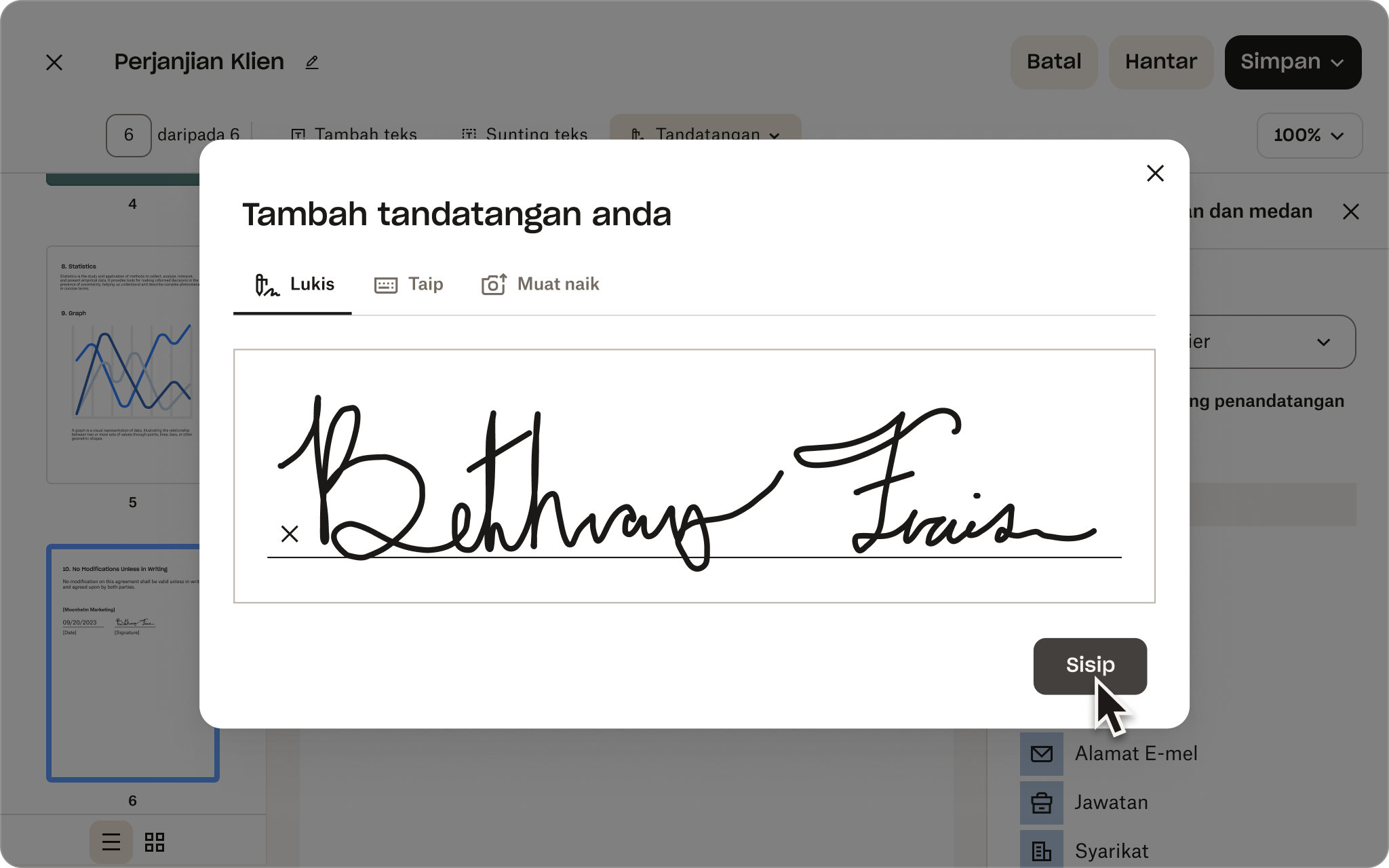 Imej antara muka pengguna eTandatangan Dropbox, menunjukkan langkah-langkah untuk menambah tandatangan pada PDF dengan Dropbox.
