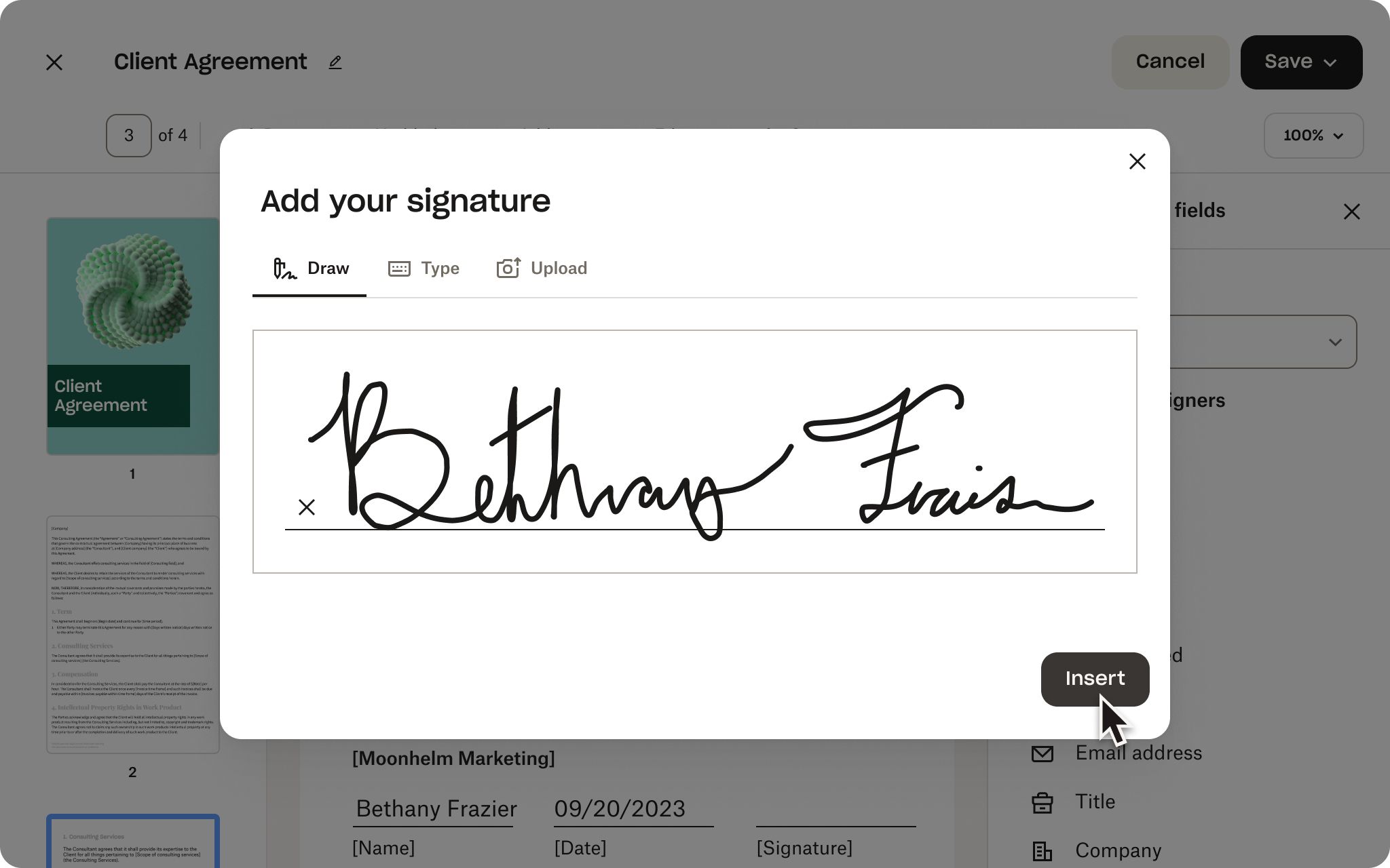 A screenshot of the user interface of Dropbox Sign showing a person adding an eSignature to a client agreement.