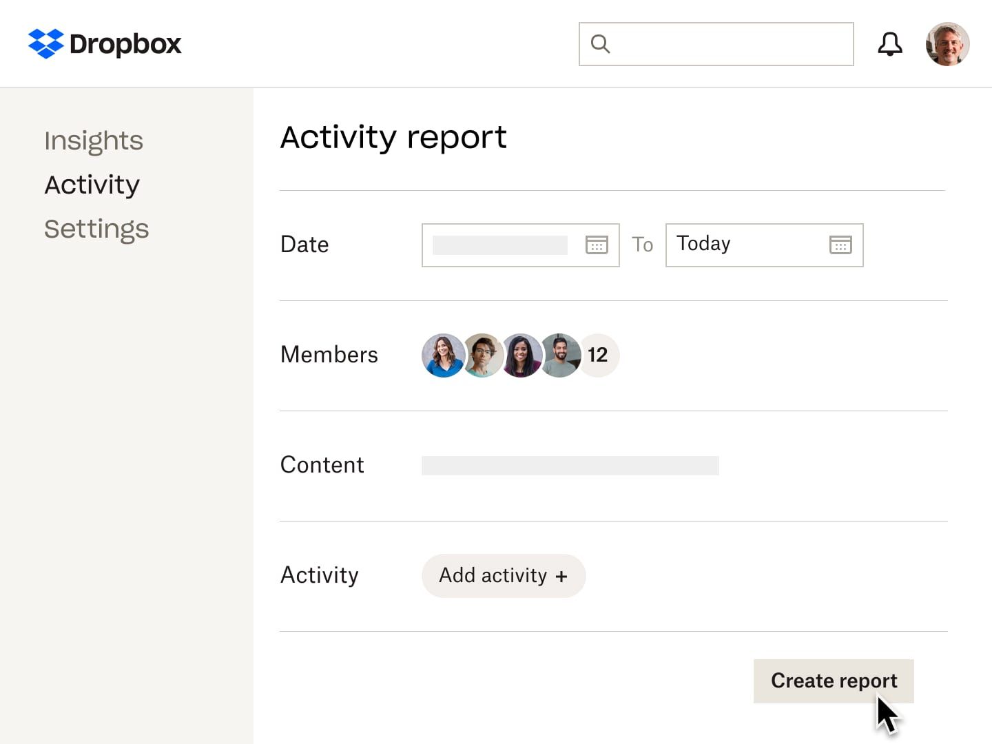 The activity report view within Dropbox that allows a user to see who accessed a file during a given time frame