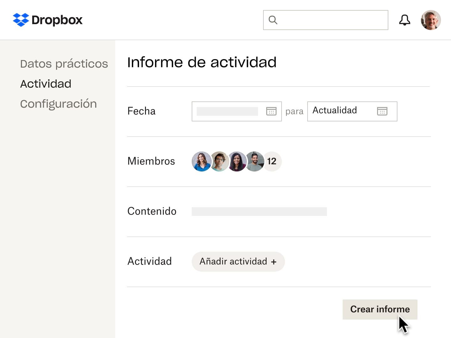 Vista de informe de actividad en Dropbox; el usuario puede ver quién ha accedido a un archivo durante un período concreto.