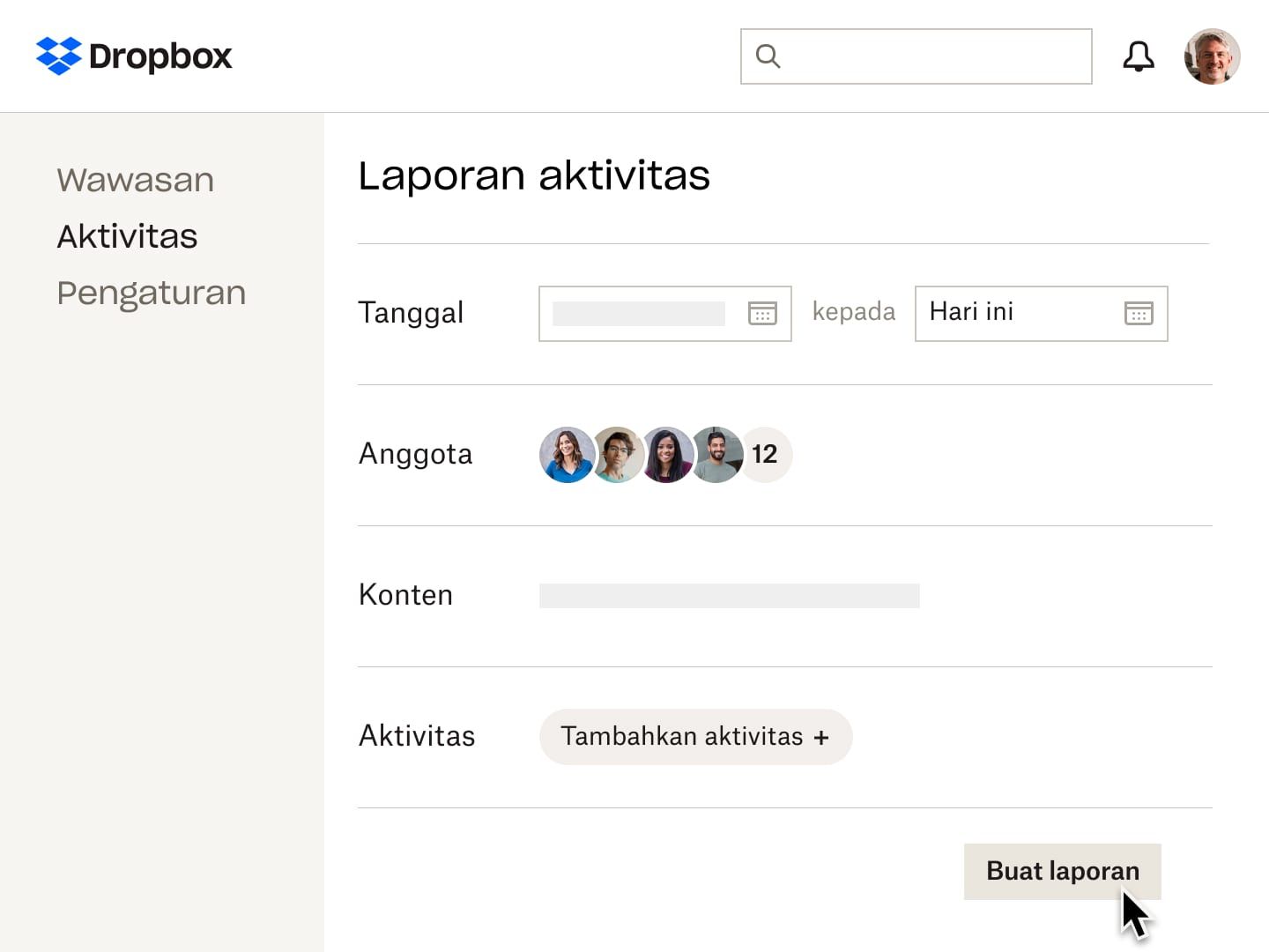 Tampilan laporan aktivitas dalam Dropbox yang memungkinkan pengguna melihat siapa yang mengakses file selama jangka waktu tertentu