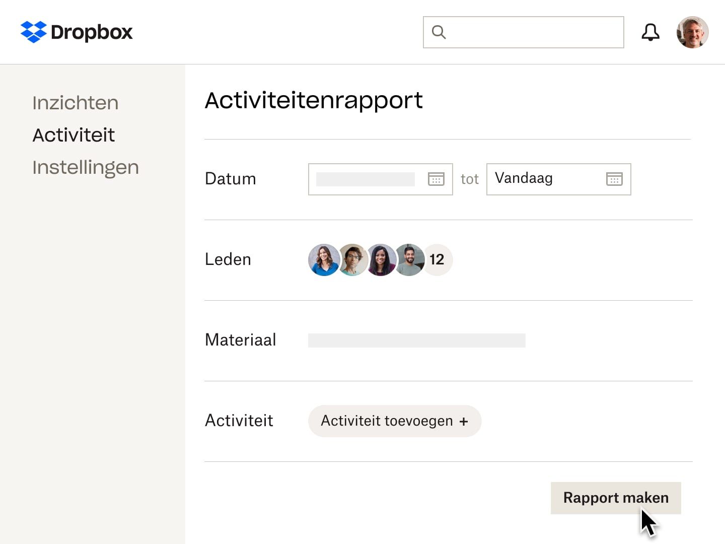 De activiteitenrapportweergave in Dropbox waarin een gebruiker kan zien wie tijdens een bepaalde periode een bestand heeft geopend