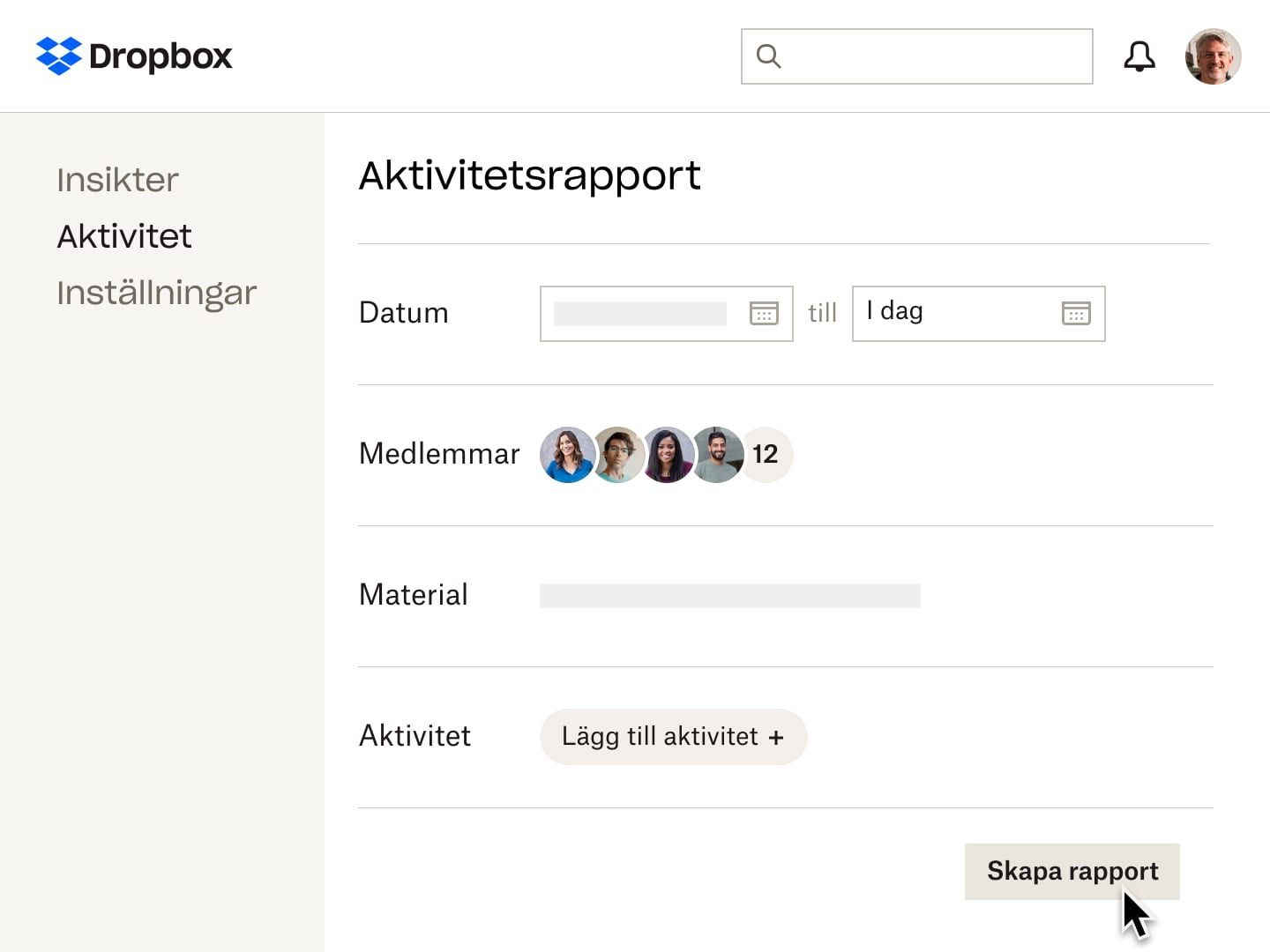 Aktivitetsrapportvyn i Dropbox som gör det möjligt för en användare att se vem som har åtkomst till en fil under en viss tidsram