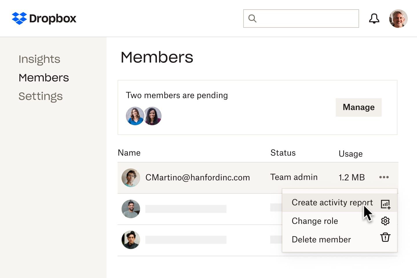 A drop-down menu in the Members list view that displays the options of creating an activity report, changing a member’s role or deleting a member