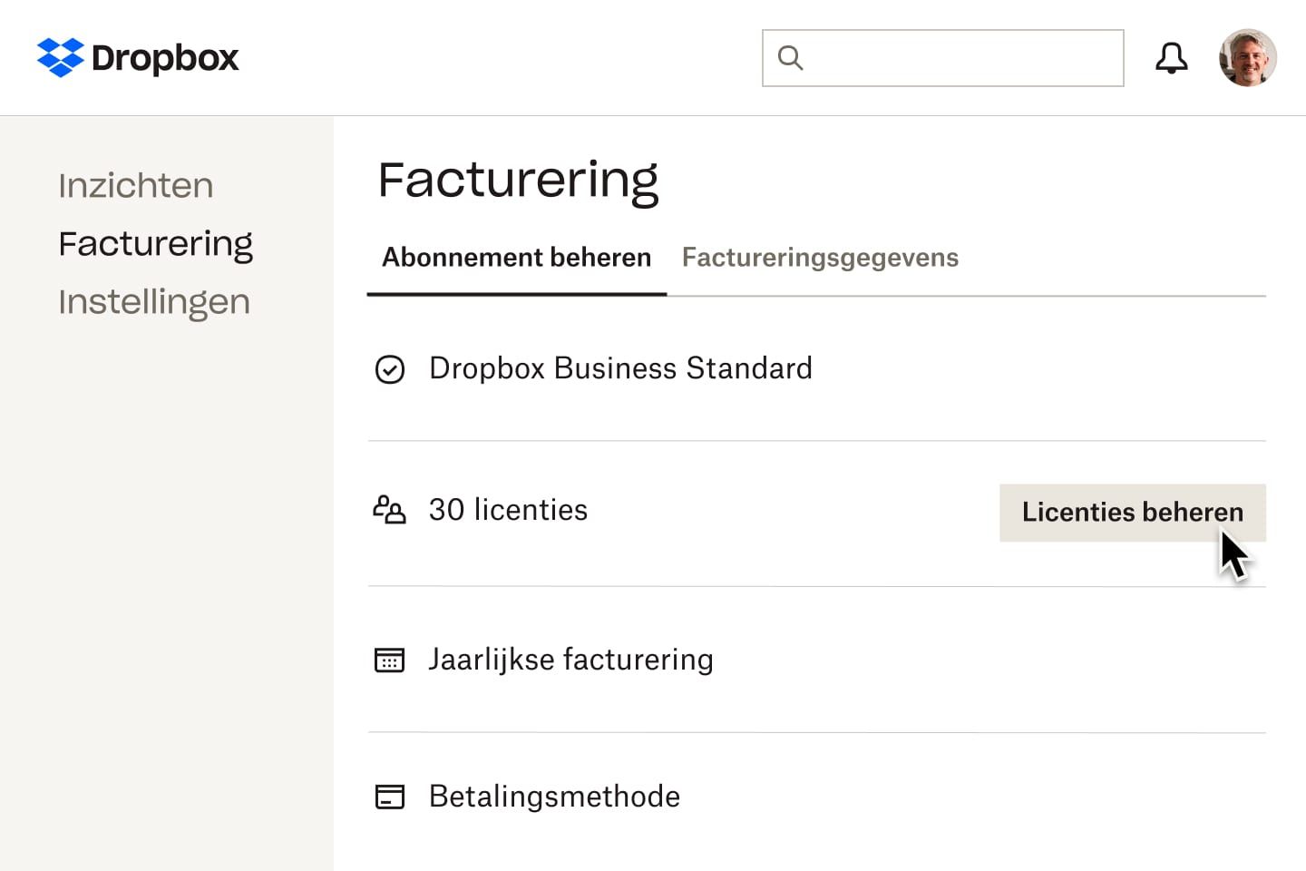 De factureringsweergave in Dropbox waarin het abonnementstype van een gebruiker, het aantal aan het account gekoppelde licenties, het factureringsschema en de betaalwijze worden weergegeven