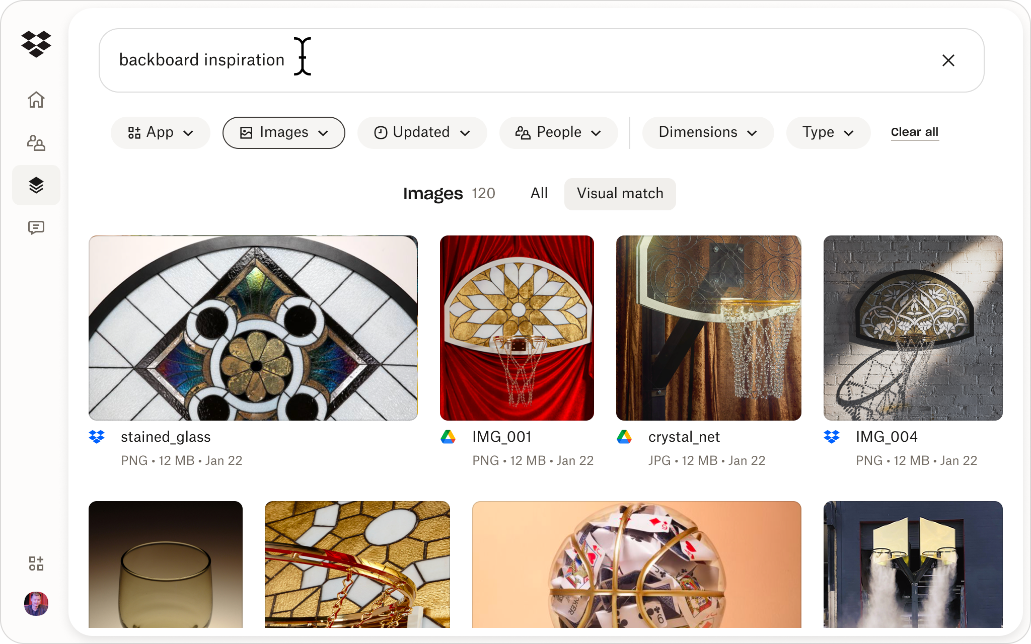 Dash search interface showing image results for “backboard inspiration,” with filters for app, images, updated date, people, dimensions, and type.