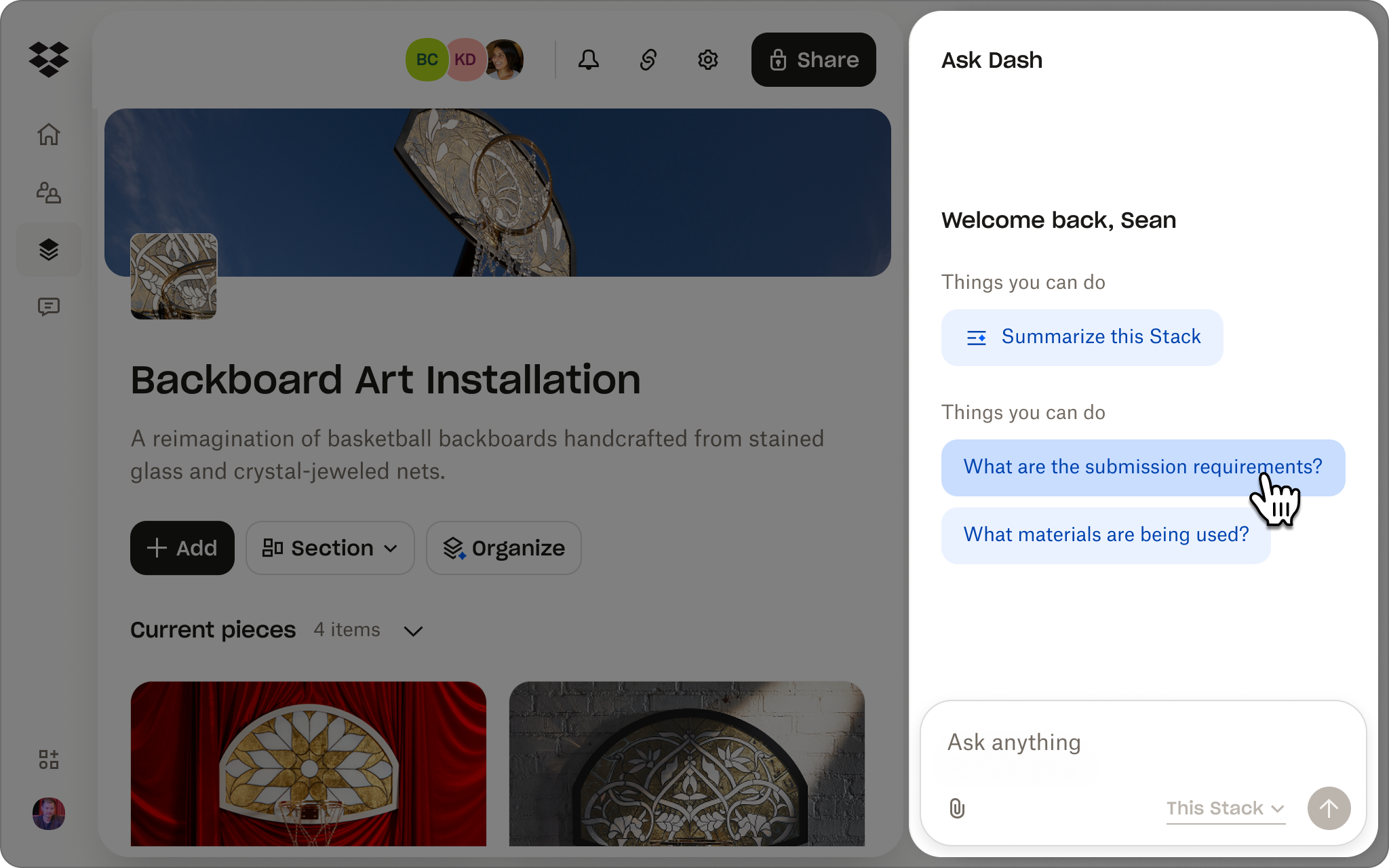 Dash stack page titled “Backboard Art Installation” with a cover image, description, item thumbnails, and a right-side Ask Dash panel suggesting questions like submission requirements and materials.