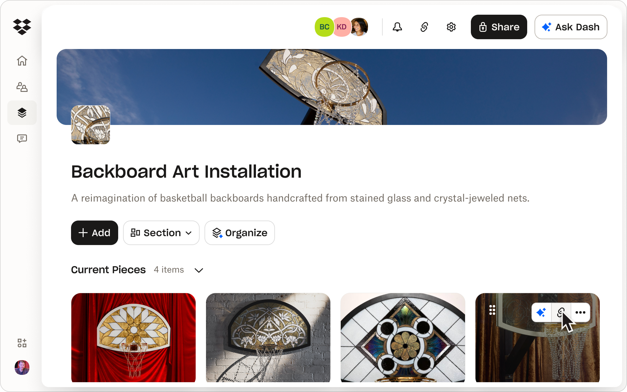 Screenshot of a Dash page titled “Backboard Art Installation” with a stained-glass basketball backboard cover image and four artwork thumbnails.