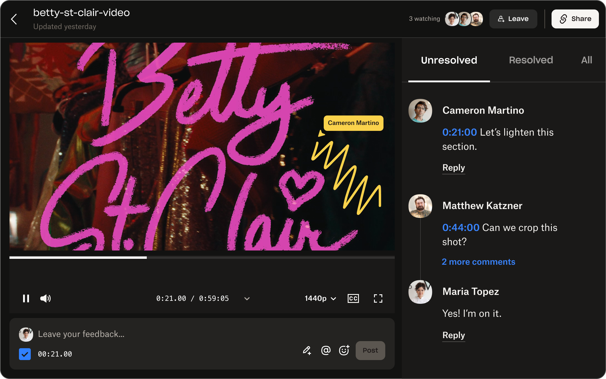 Screenshot of a video review interface titled “betty-st-clair-video.”
