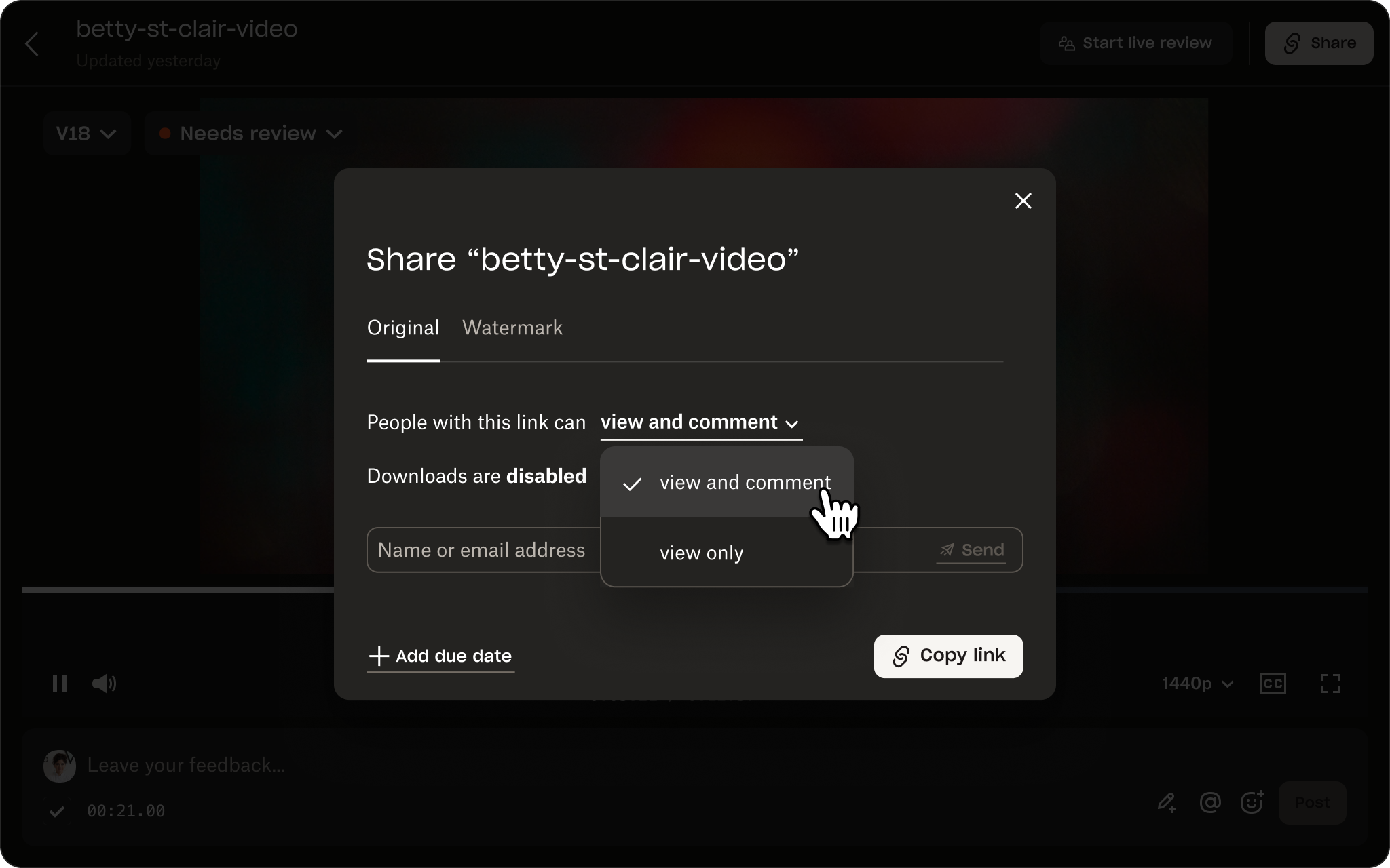 Dark-themed video review interface with a centered Share dialog for “betty-st-clair-video.”