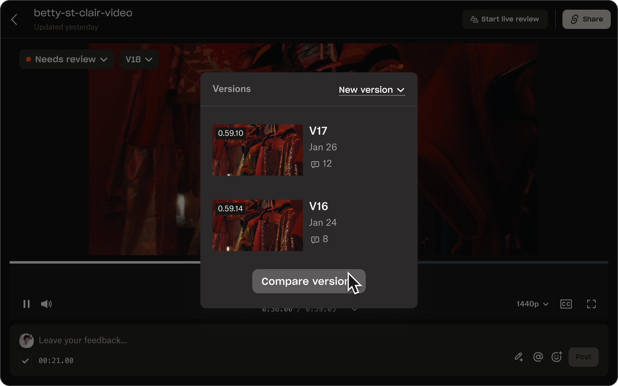 Dark video review interface showing a modal titled “Versions” over a video preview.