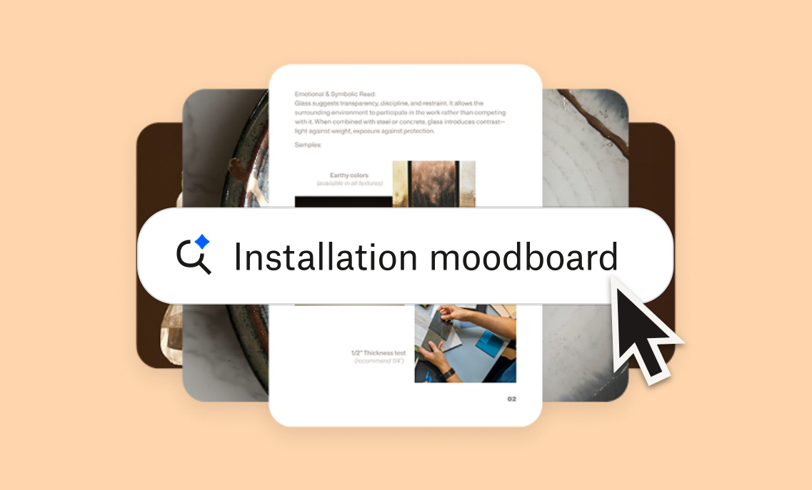 Search bar over layered design and material sample images, with a cursor clicking the phrase “Installation moodboard.”