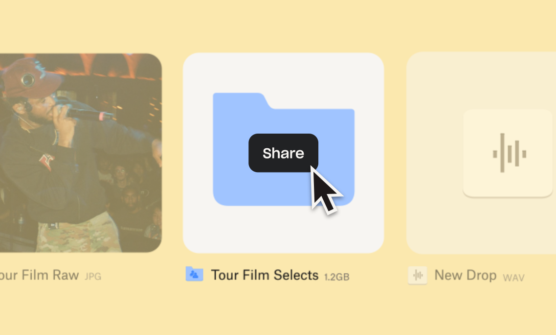 Three file tiles on a pale yellow background: a concert photo labeled “Tour Film Raw,” a blue folder labeled “Tour Film Selects” with a Share button and cursor, and an audio file labeled “New Drop.”