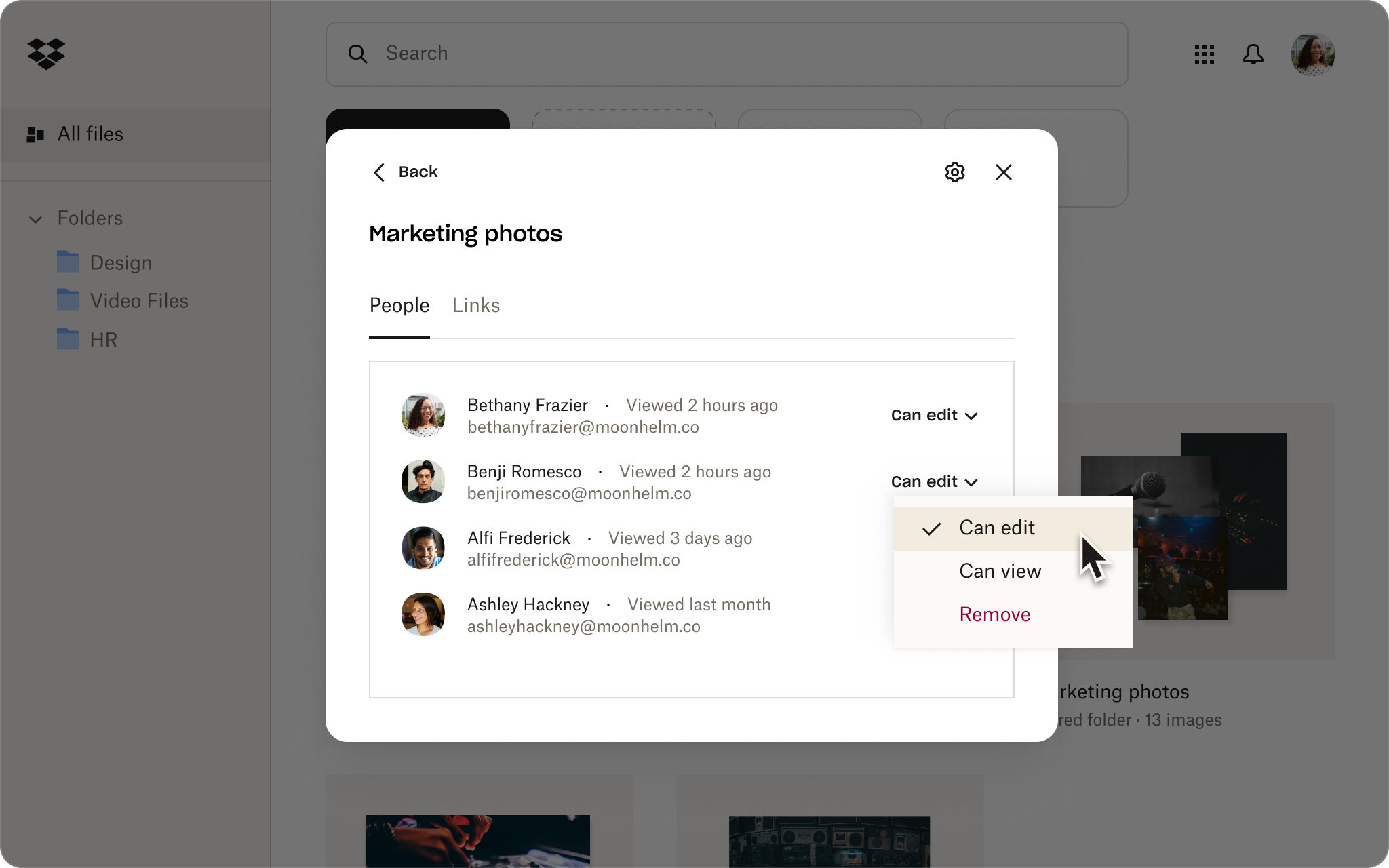 Sharing settings modal for a folder called “Marketing photos