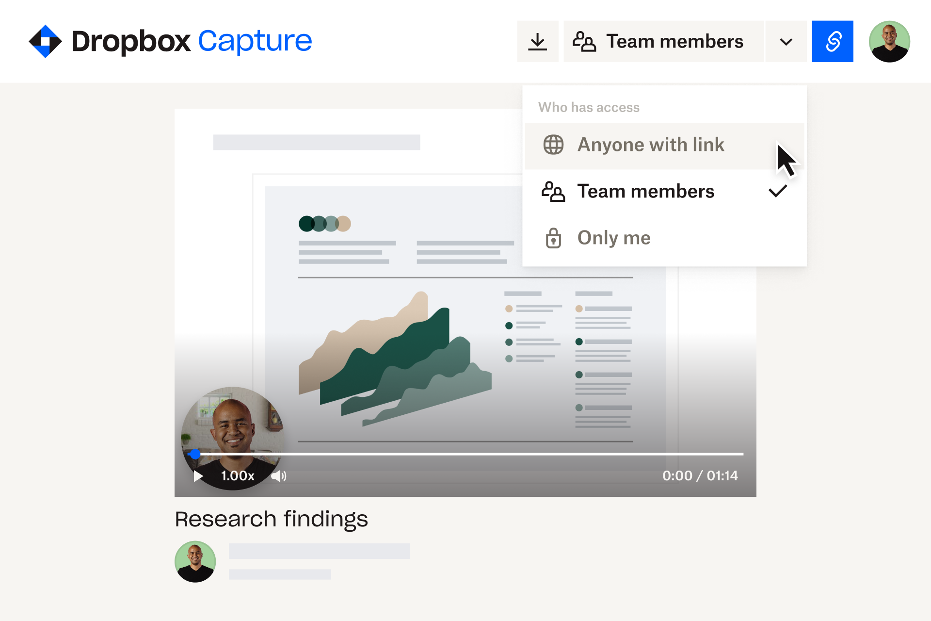  - User selecting the “team members” option in the “who has access” dropdown of a Dropbox Capture video