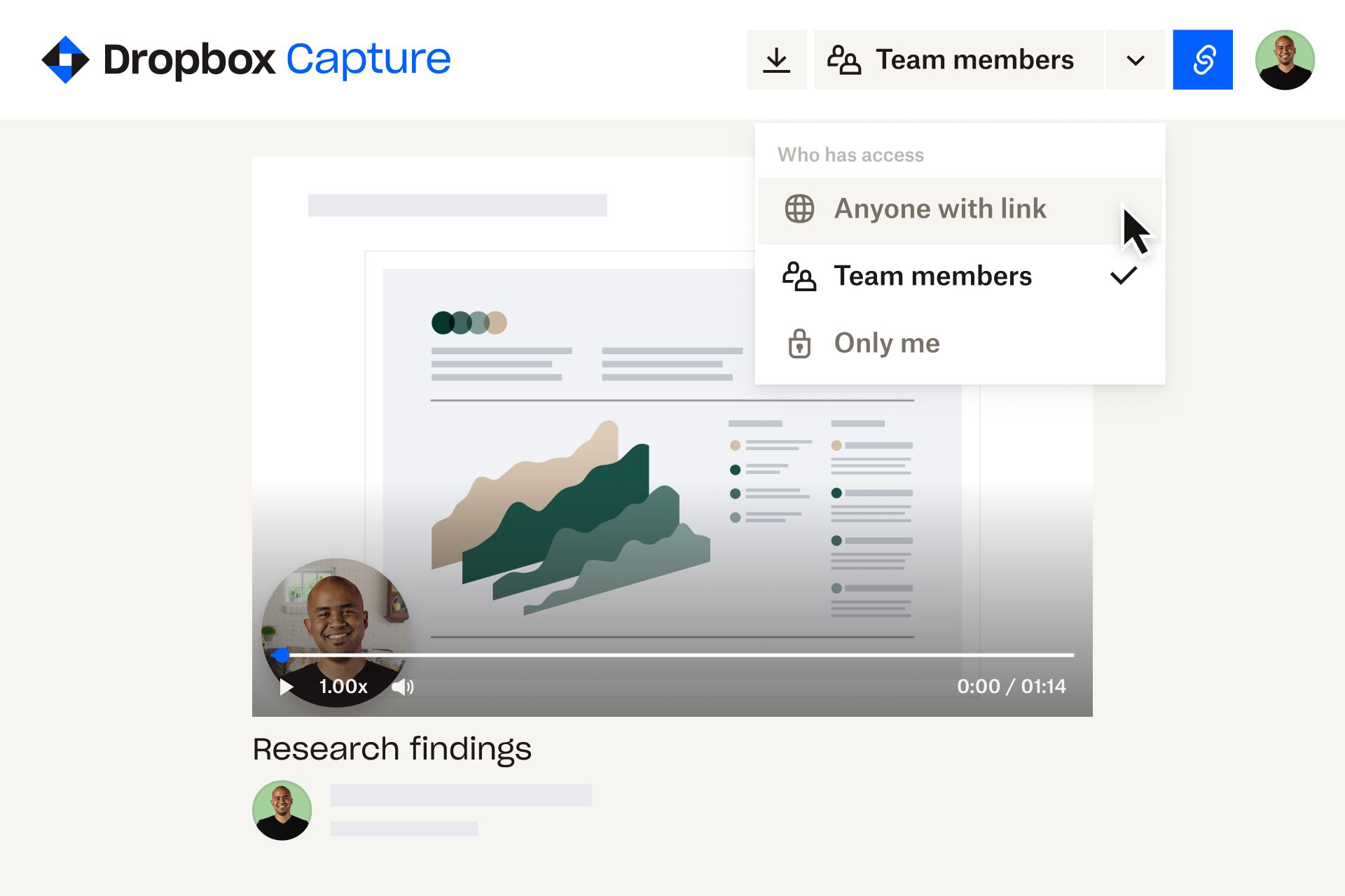 User selecting the “team members” option in the “who has access” dropdown of a Dropbox Capture video