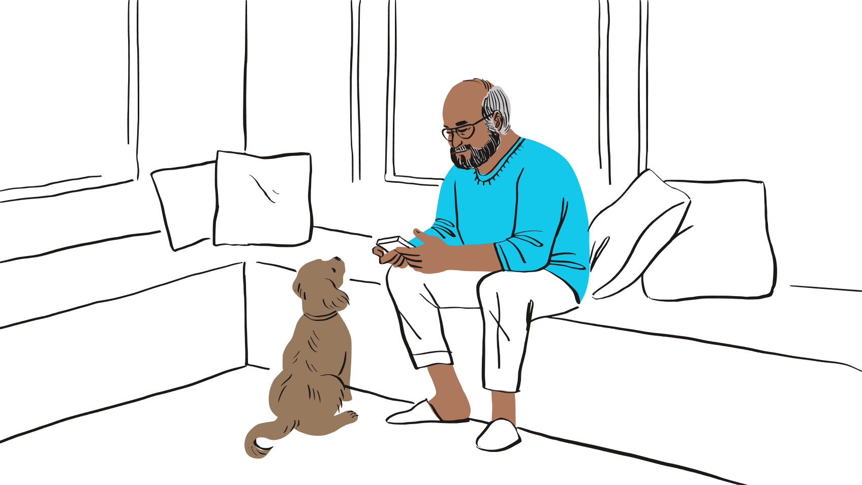 A man sits on a bench, looking at phone, with a dog looking up at him