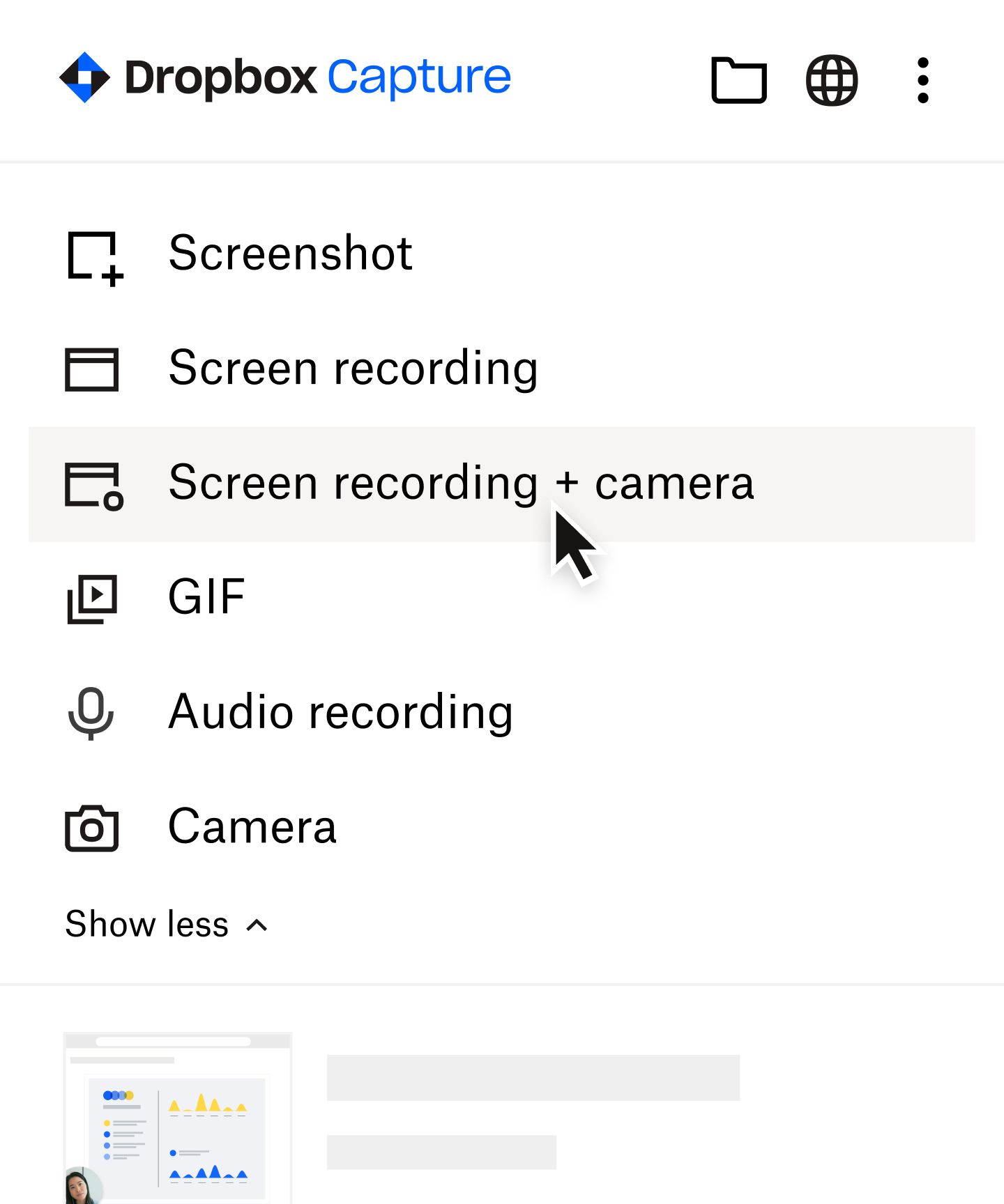 User selecting ‘screen recording + camera’ in the Capture menu