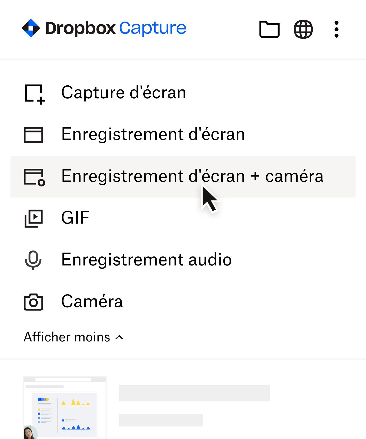 Utilisateur sélectionnant “Enregistrement d'écran + caméra” dans le menu Dropbox Capture
