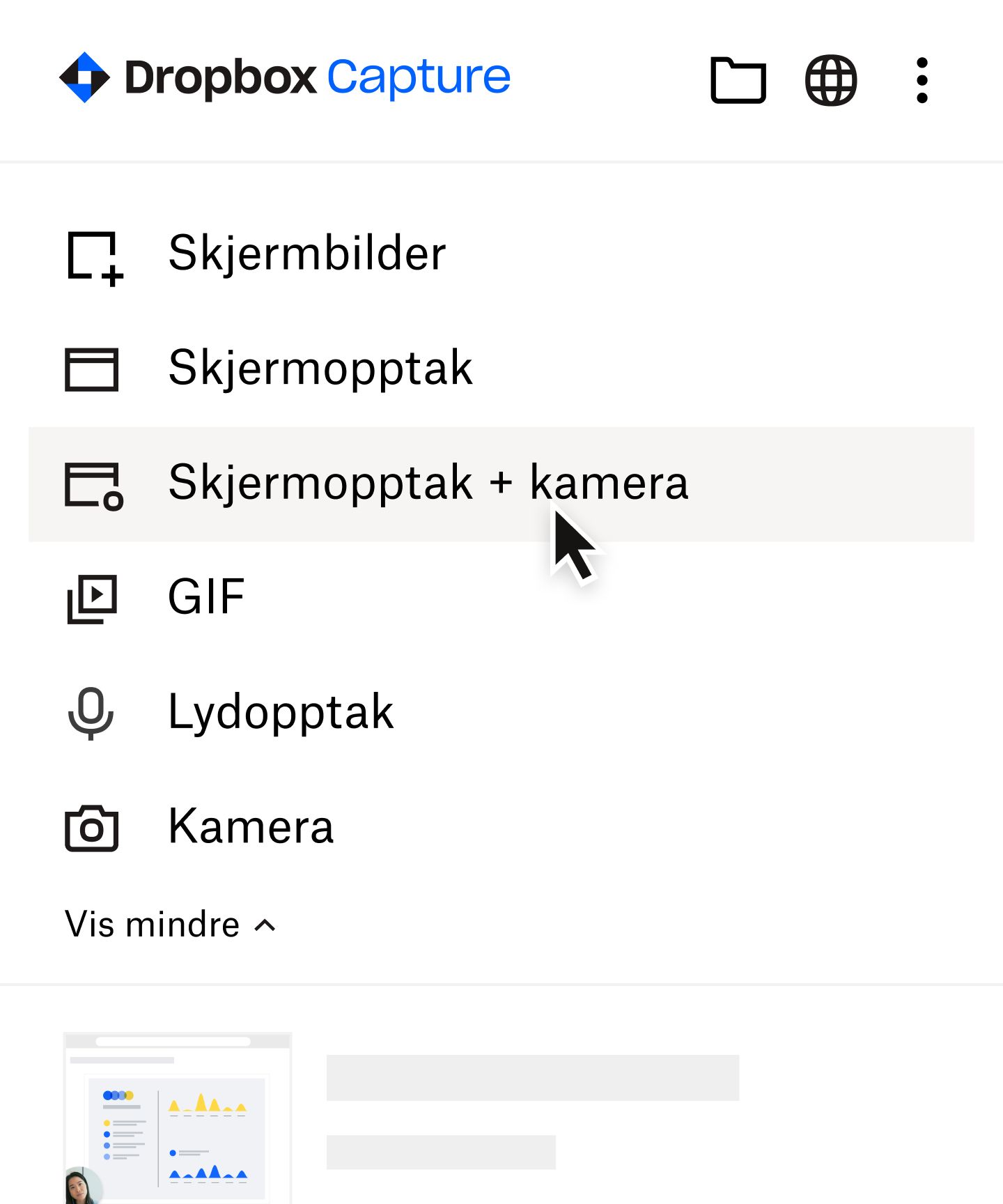 Bruker som velger «skjerminnspilling + kamera» i Capture-menyen