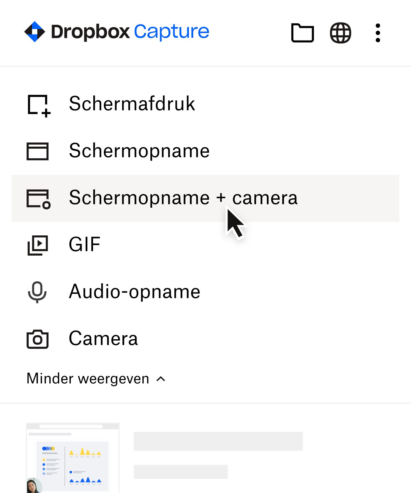 Gebruiker die Schermopname + Camera selecteert in het Capture-menu