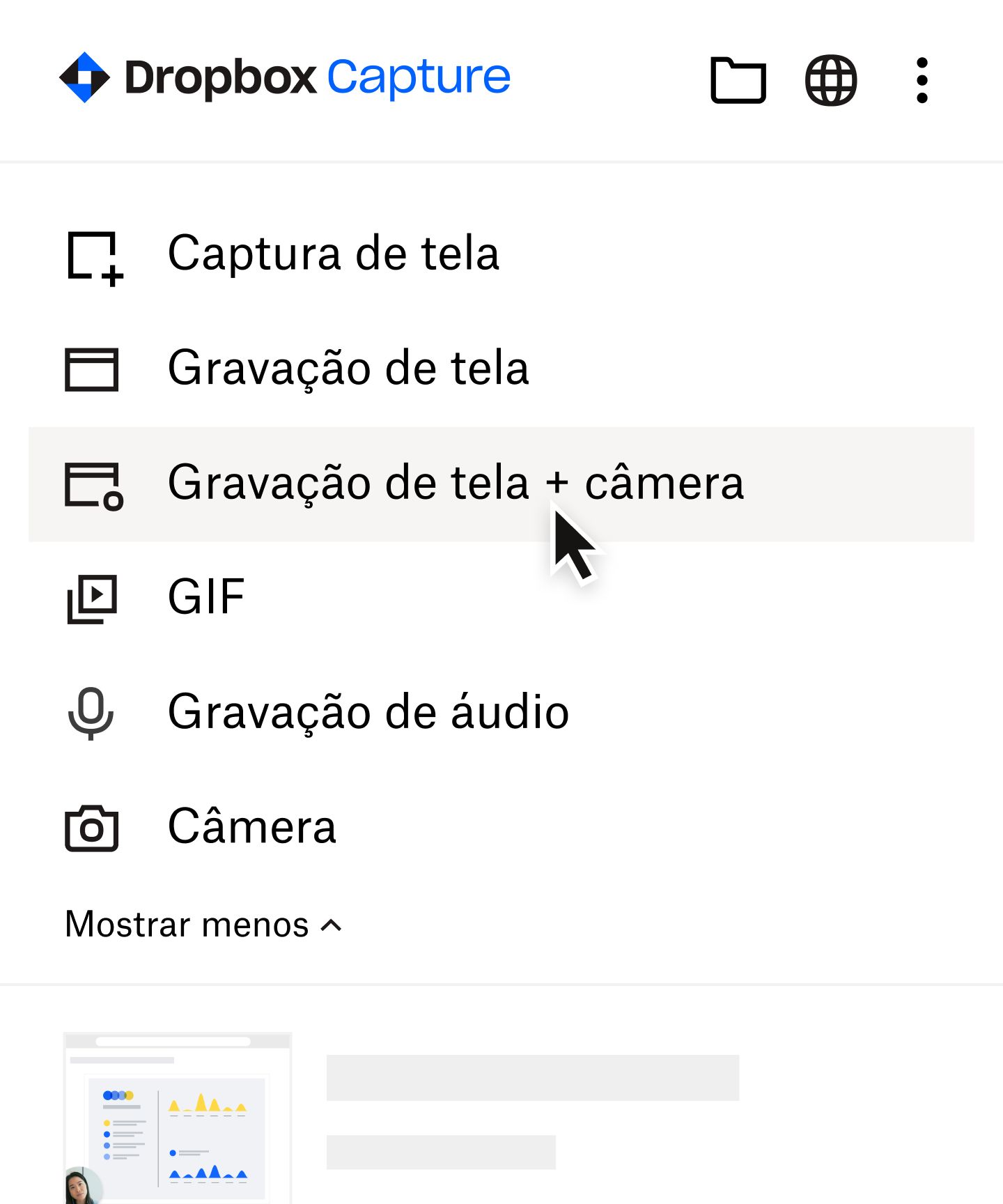 Usuário selecionando “Gravação de tela + câmera” no menu do Capture