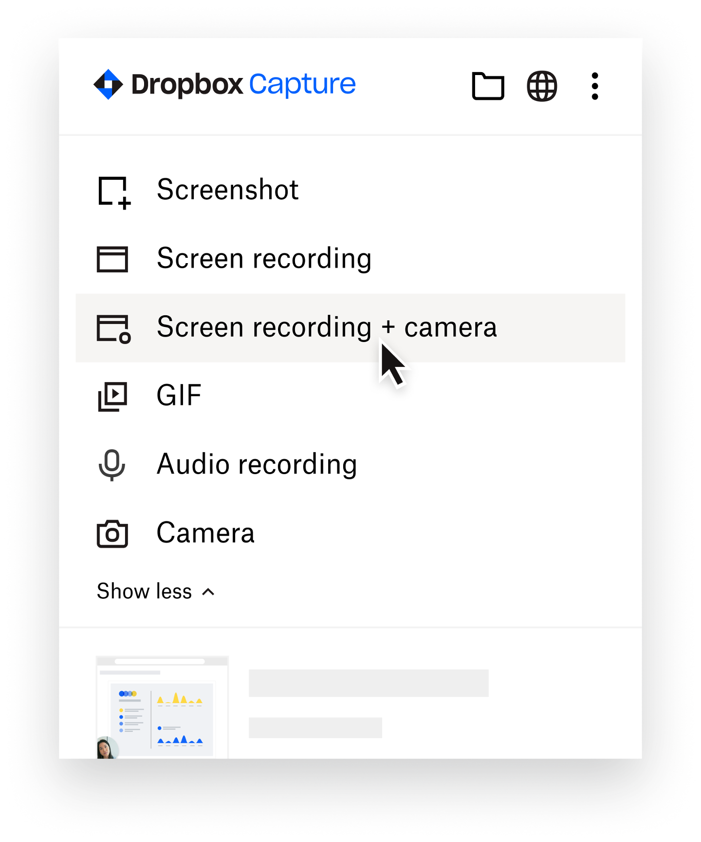 User selecting “screen recording + camera” in the Capture menu