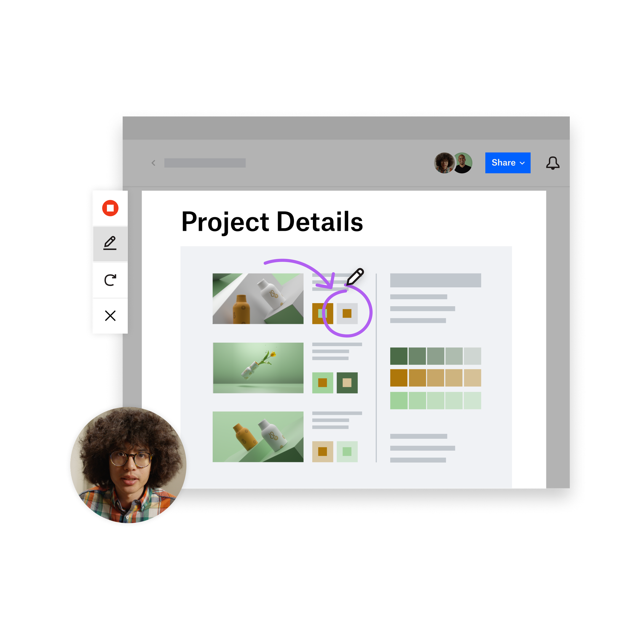 A screenshot of a project detail document, with a circle drawn over part of the image, a thumbnail of presenter in corner, and the Dropbox Capture toolbar