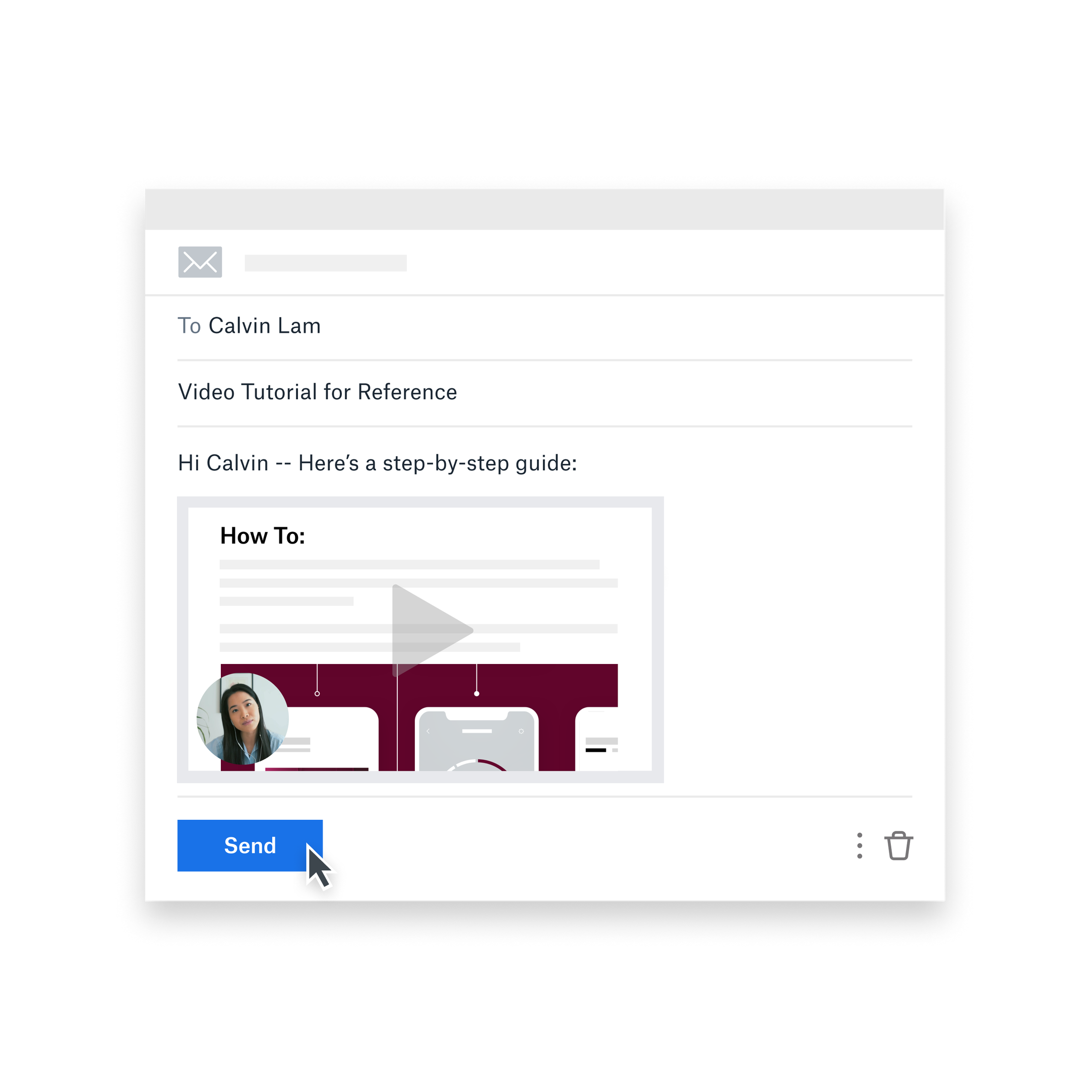 An email to Calvin Lam with subject line “Video Tutorial for Reference” and a preview thumbnail of a video created in Dropbox Capture