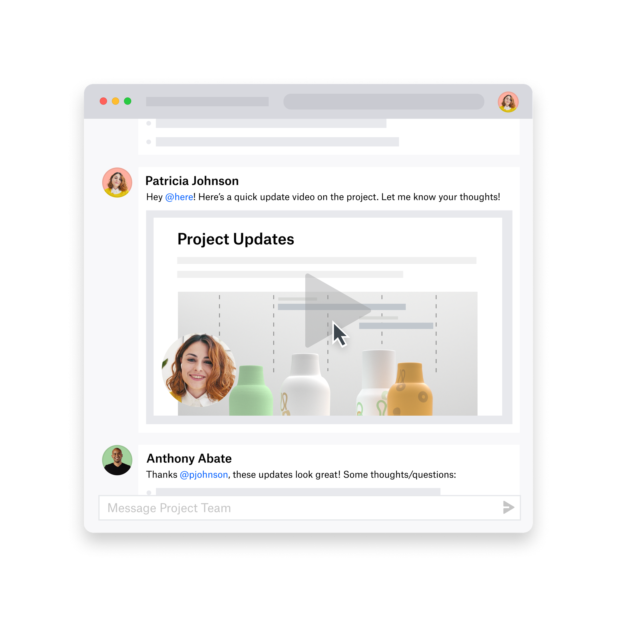 A message from Patricia Johnson to Anthony Abate appears in a messaging app with an embedded project update video created in Dropbox Capture