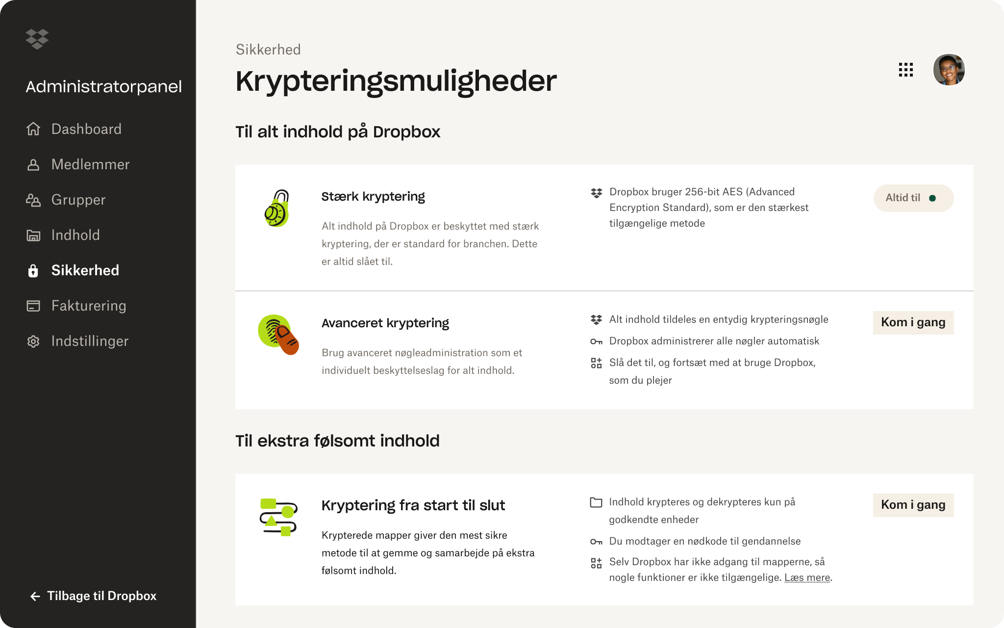 Et skærmbillede af krypteringsmulighederne i Dropbox-administratorpanelet.