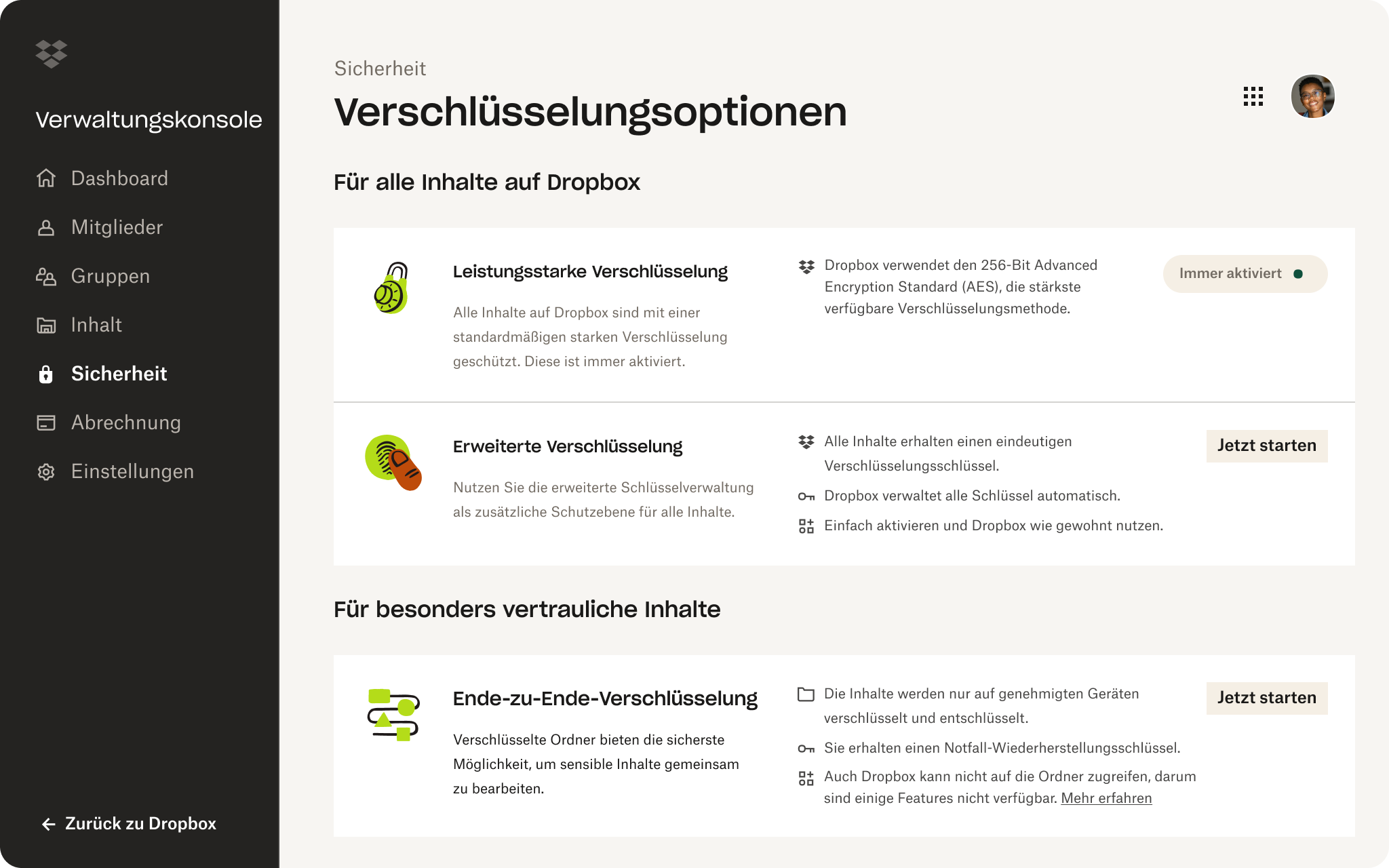 Screenshot der Verschlüsselungsoptionen in der Dropbox-Verwaltungskonsole.