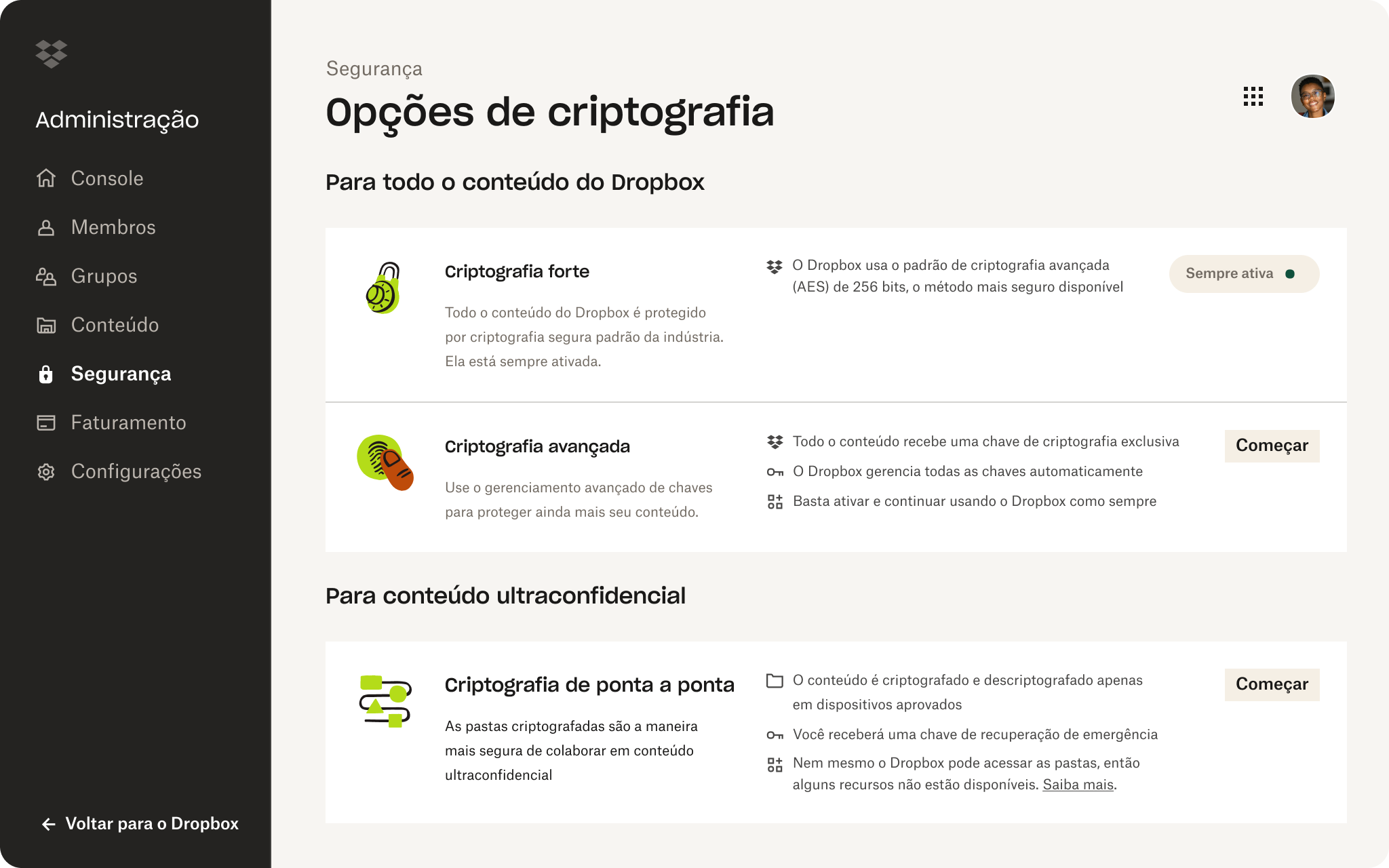Tela de opções de criptografia do Dropbox disponível nas configurações.