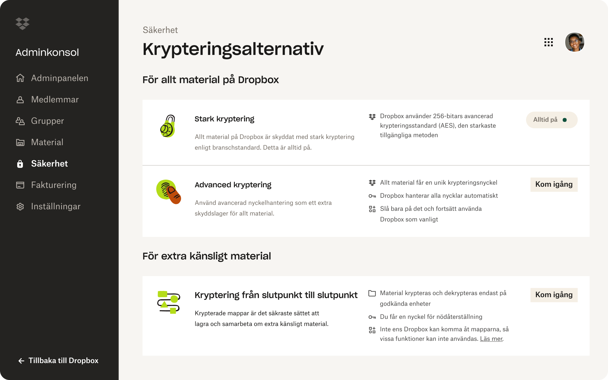 Skärm för Dropbox krypteringsalternativ som finns i inställningar.