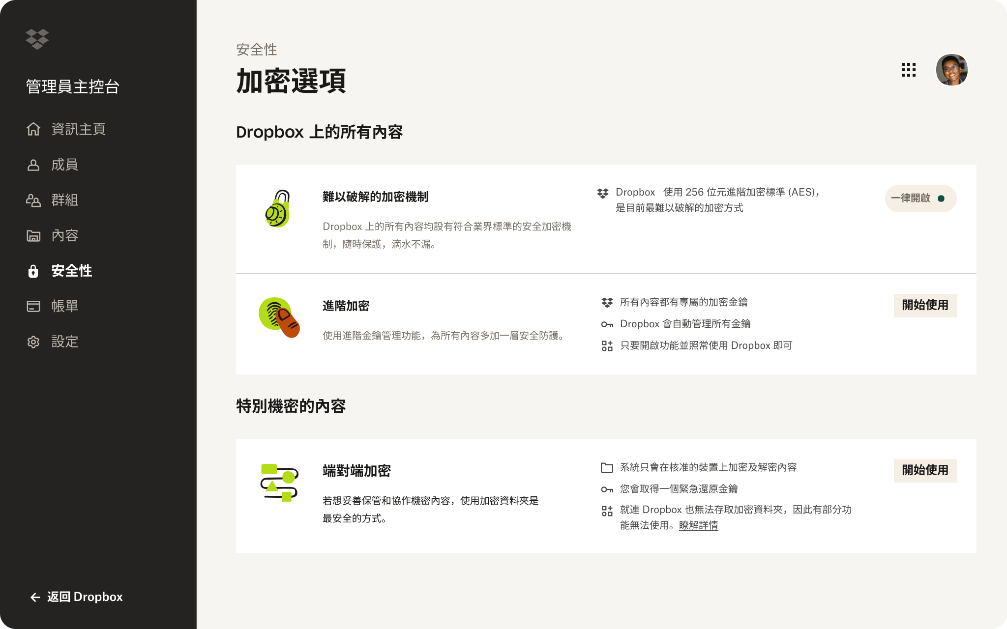 Dropbox 管理員主控台的加密選項螢幕截圖。