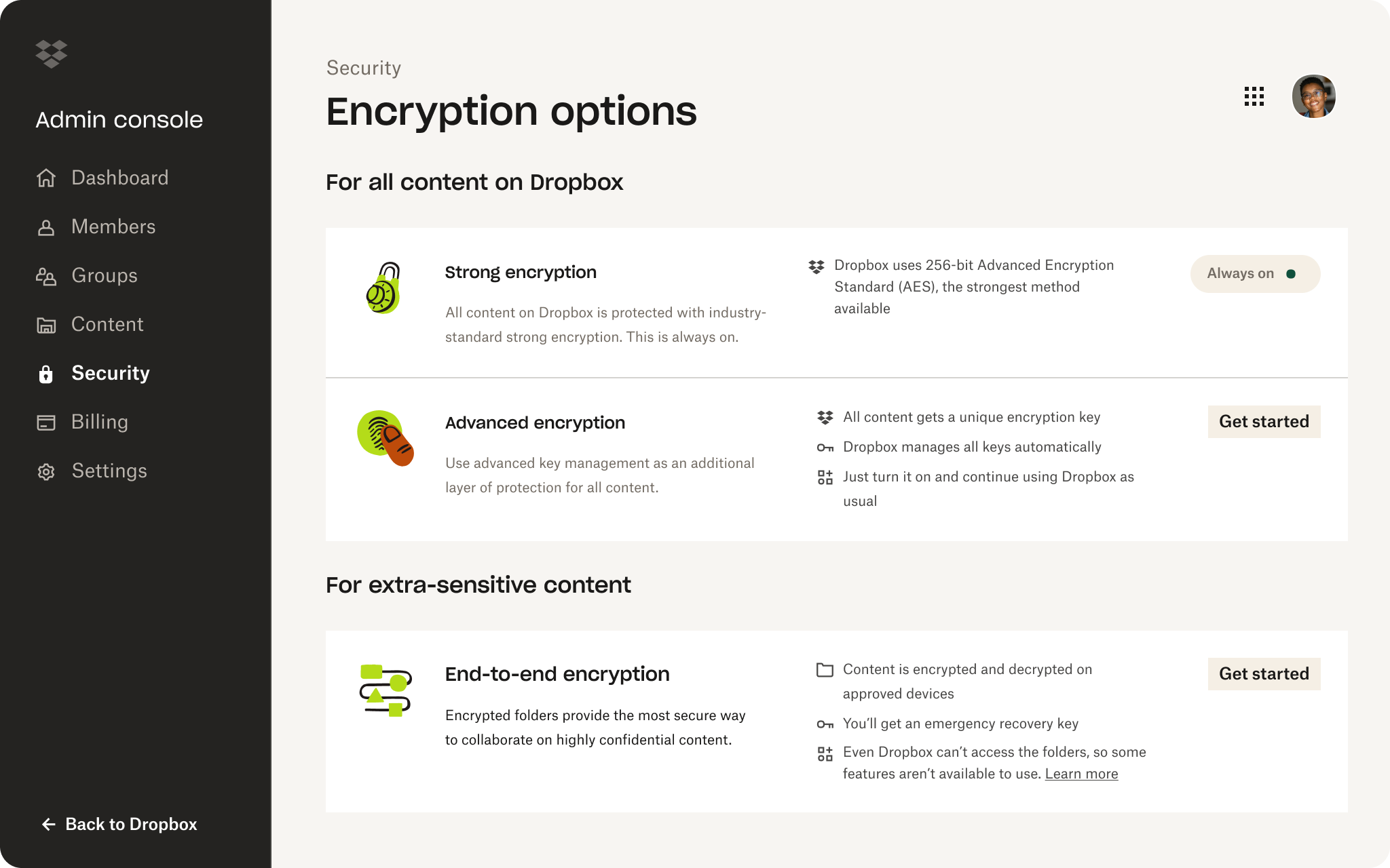 Dropbox encryption options screen available in settings.