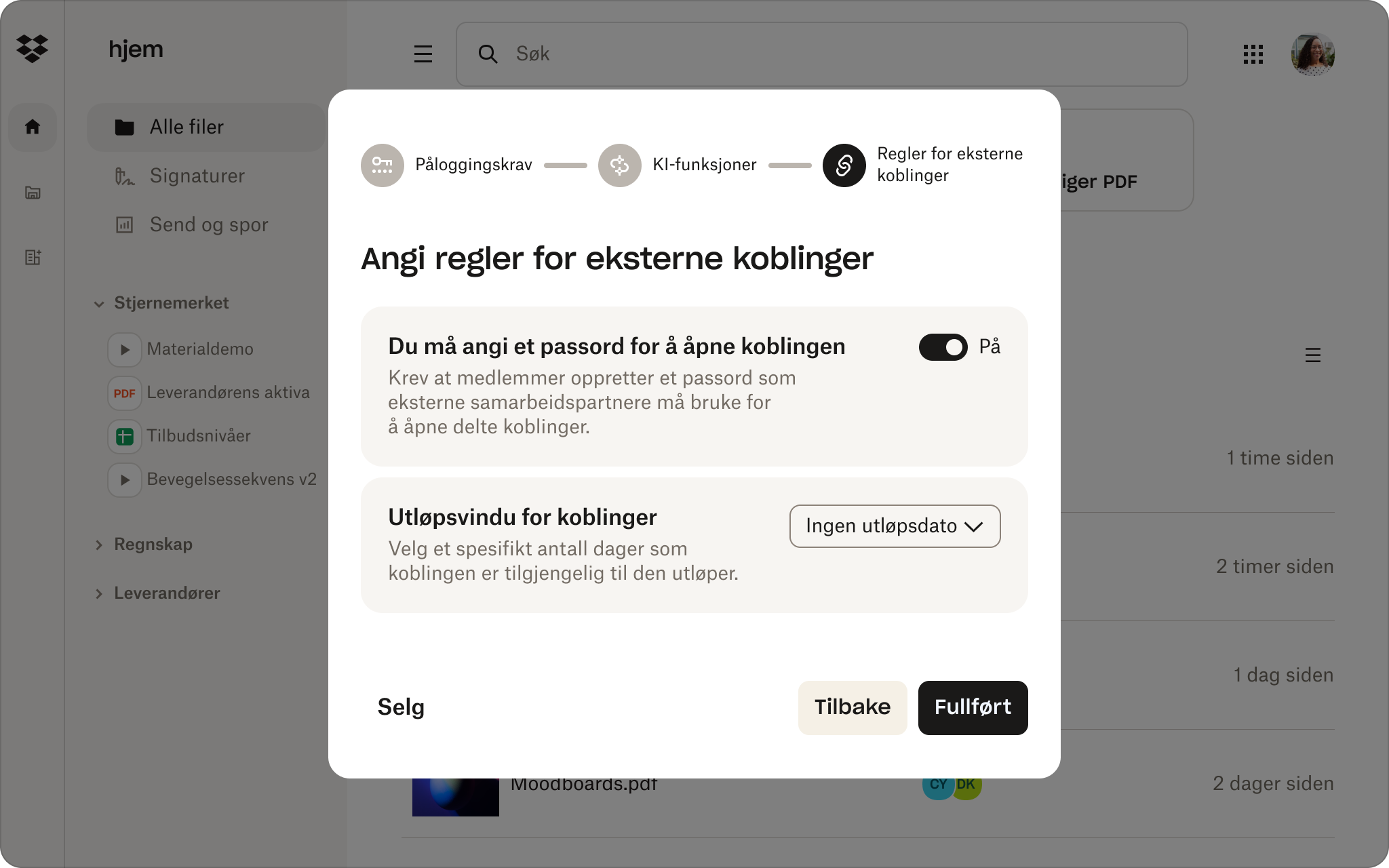 Innstillingsvindu som viser alternativer for å passordbeskytte eksterne lenker og angi koblingsutløp i et fildelingsgrensesnitt.