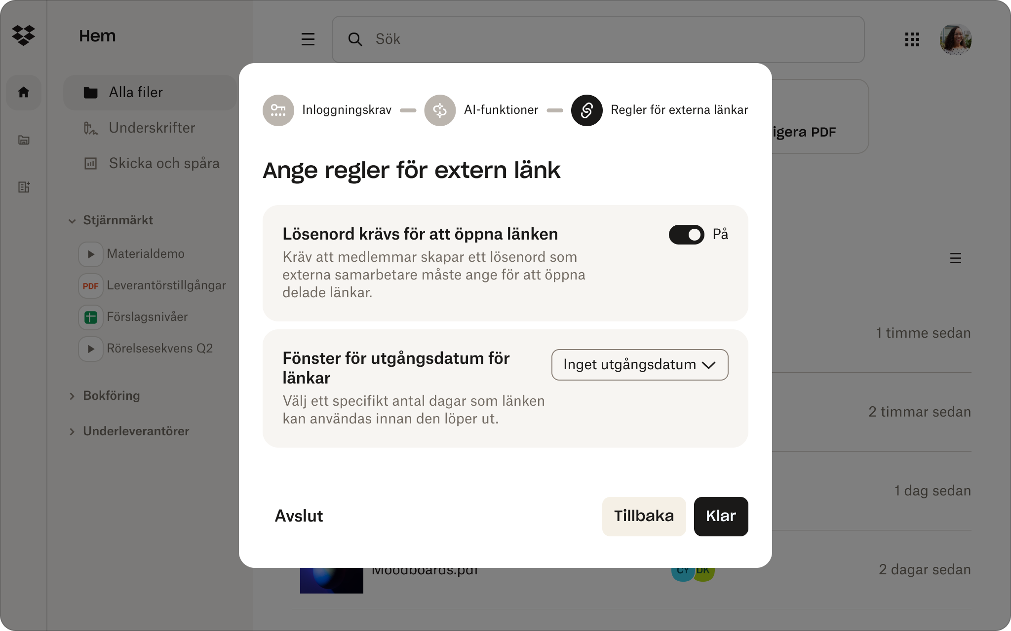 Inställningsfönster som visar alternativ för att lösenordsskydda externa länkar och ställa in länkens utgång i ett fildelningsgränssnitt.
