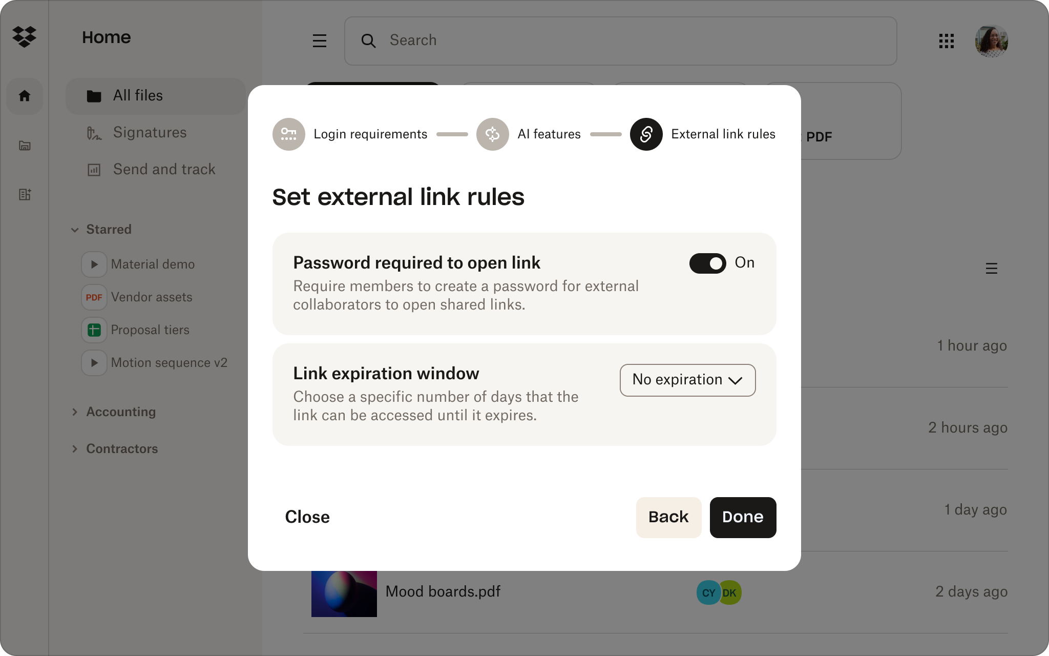 A user sets external link rules in the Dropbox admin console, such as requiring a password to open links.