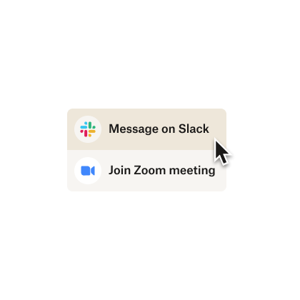 Dropbox のユーザー インターフェースの画像。Slack でメッセージを送信したり、Zoom の会議に参加したりするためのオプションが表示されています。
