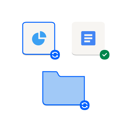 Dropbox のユーザー インターフェースを簡略化した画像。Dropbox アカウントと同期しているファイルとフォルダを示すアイコンが表示されています。