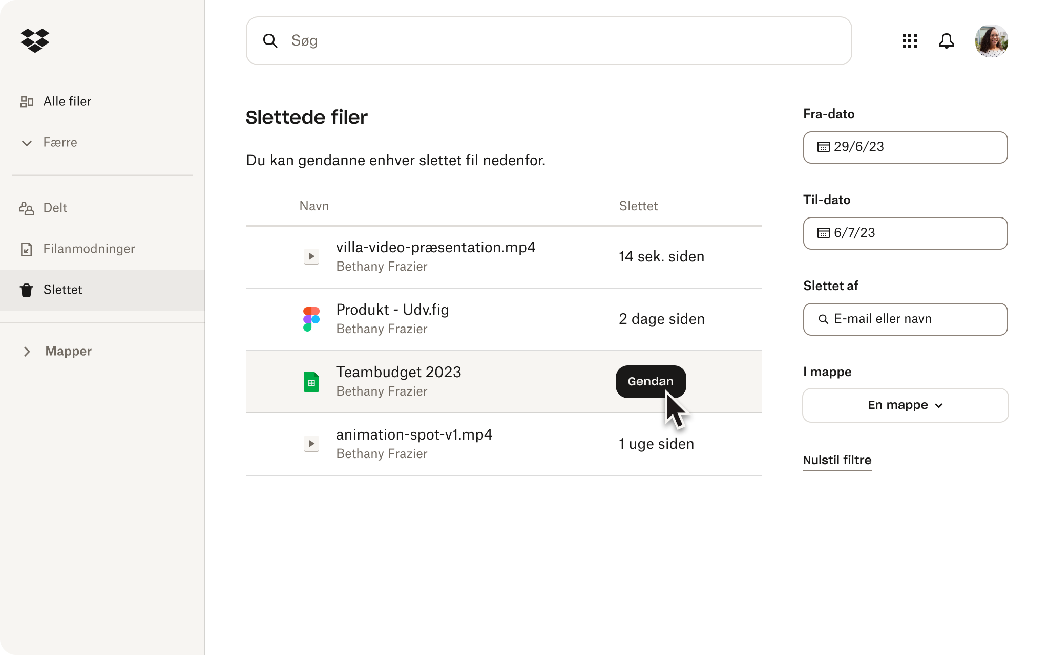 Et skærmbillede af slettede filer i Dropbox.