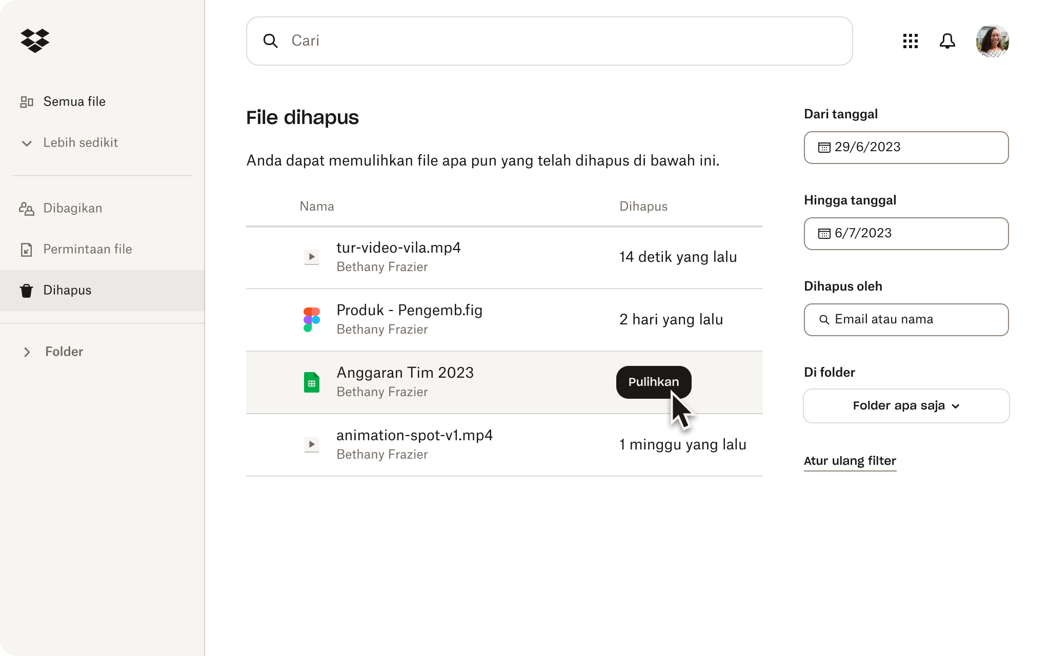 Tangkapan layar file yang dihapus di Dropbox.