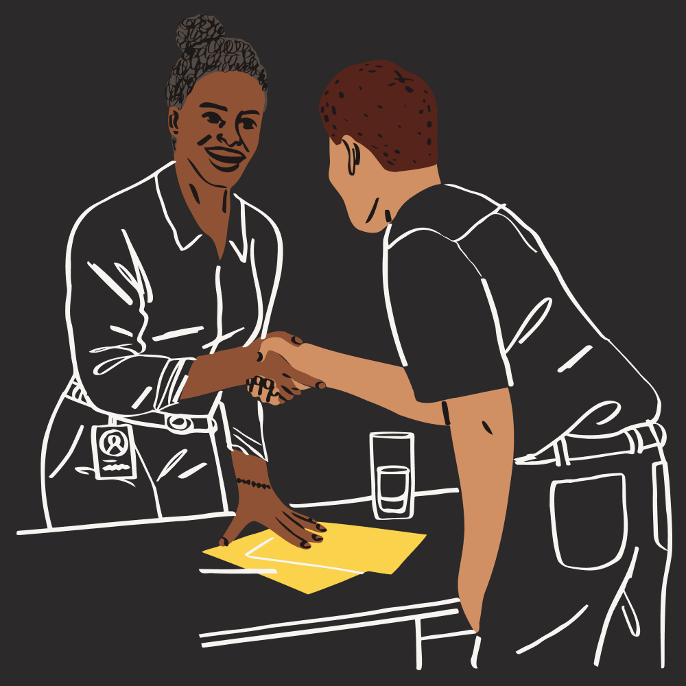 Illustration af en mand og en kvinde, der giver hånd
