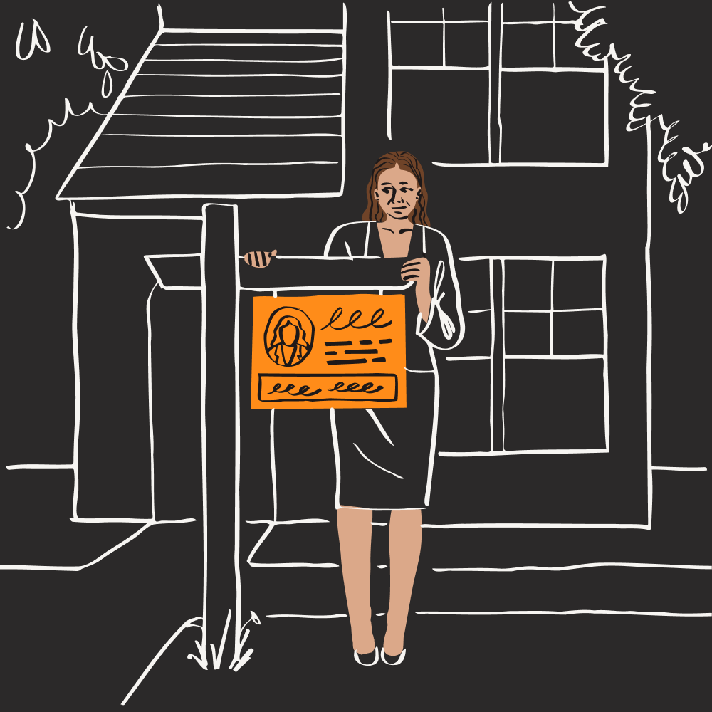 Illustration af en ejendomsmægler ved siden af et til salg-skilt