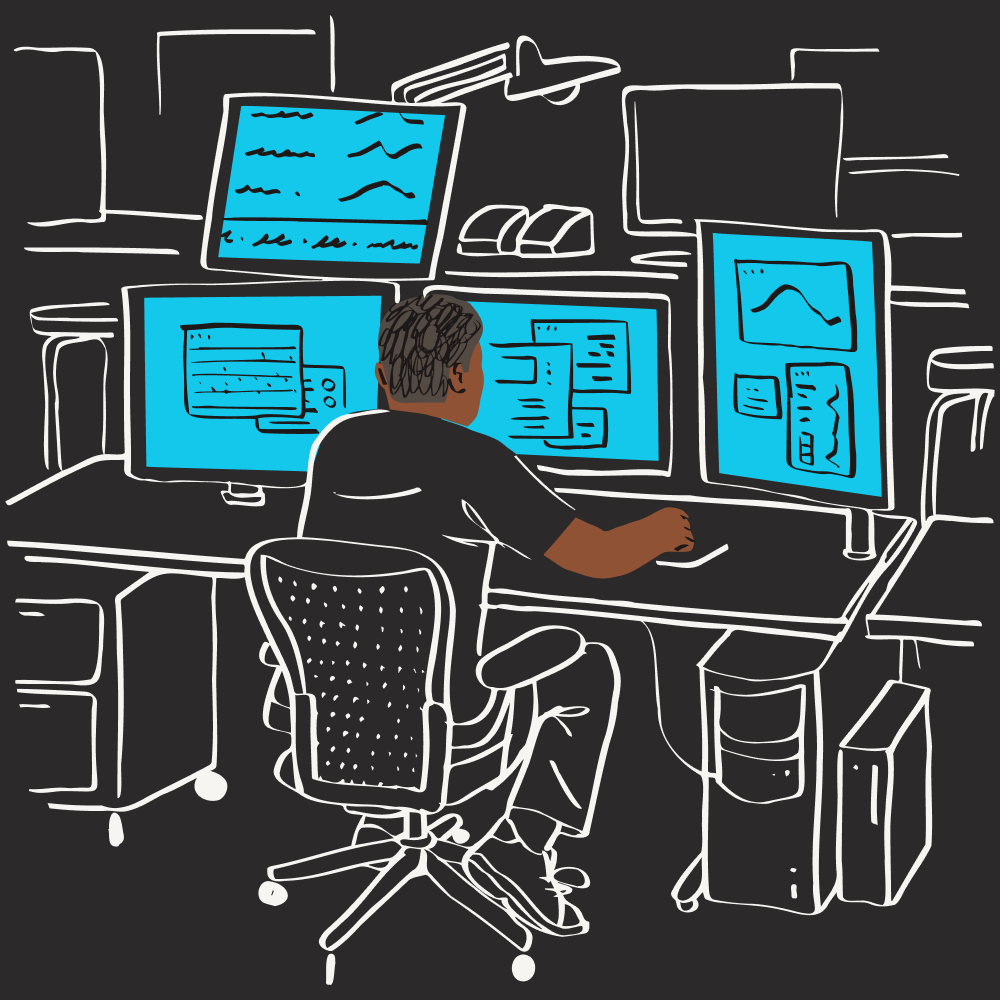 Illustration af en mand, der sidder ved et skrivebord og bruger flere computerskærme