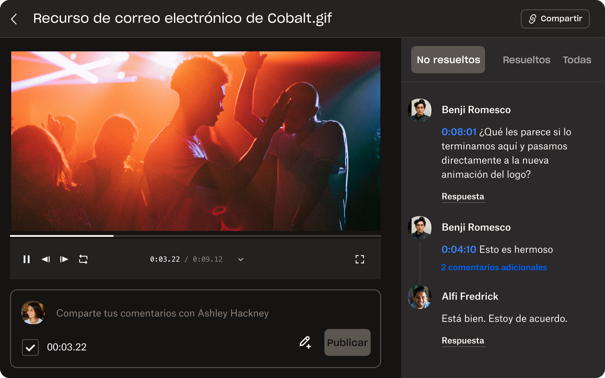 Representación visual de la interfaz de usuario de Dropbox Replay, que muestra las herramientas de revisión de archivos y comentarios con precisión de fotograma.
