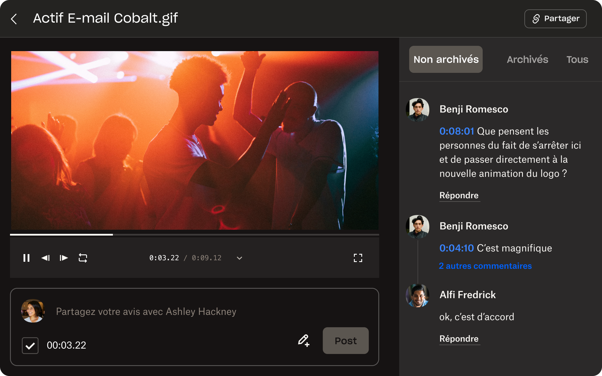 Représentation visuelle de l’interface utilisateur de Dropbox Replay, montrant les outils de révision de fichiers et de commentaires à l’image près.
