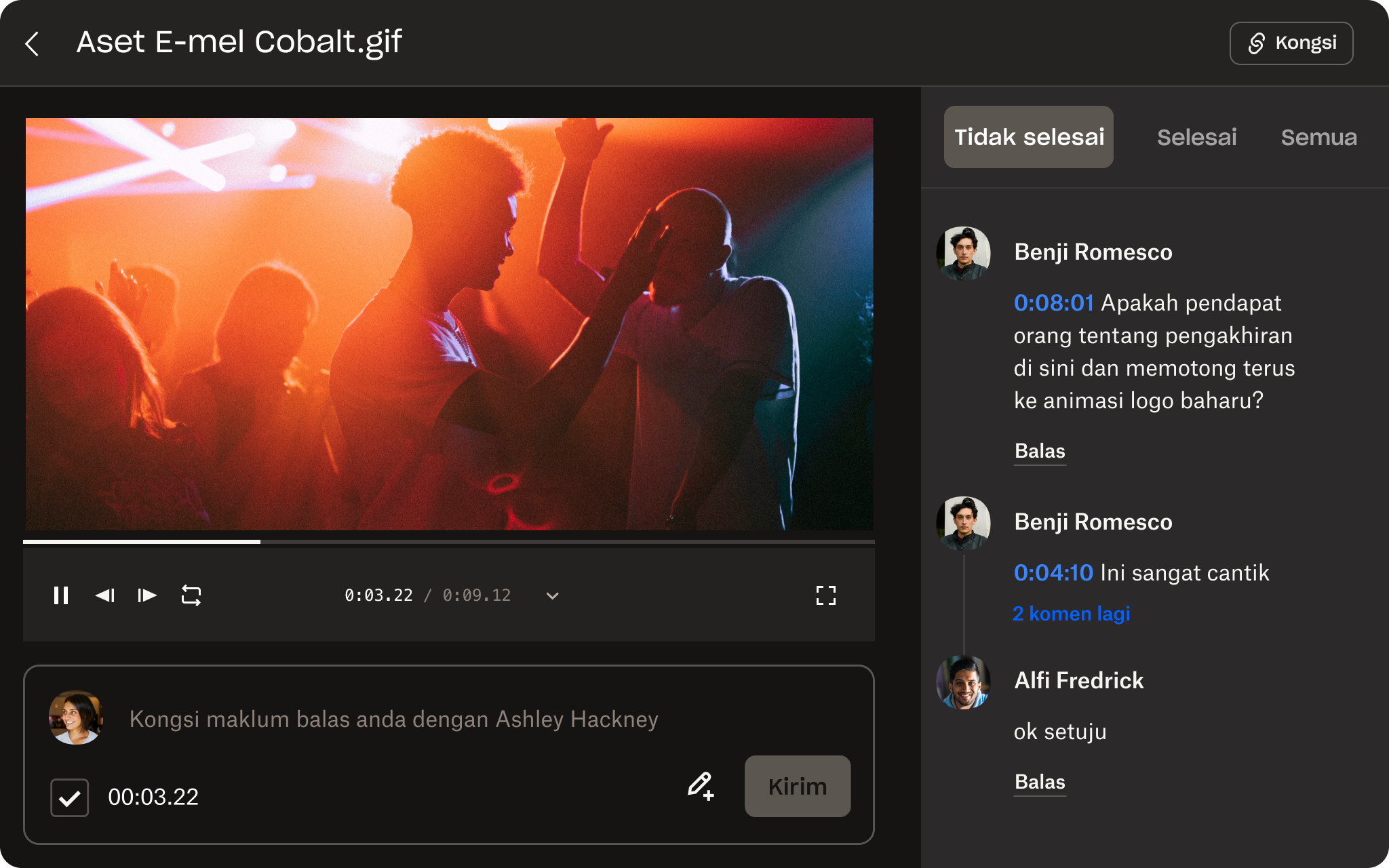 Perwakilan visual antara muka pengguna Dropbox Replay, menunjukkan semakan fail dan alat komen tepat pada bingkai.