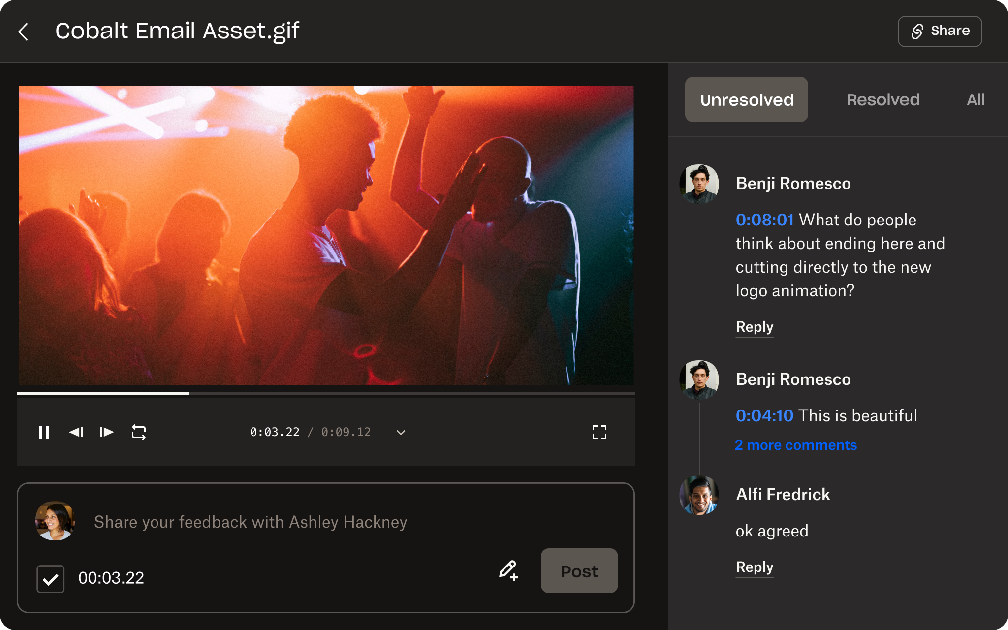 Visual representation of the Dropbox Replay user interface, demonstrating file review and frame-accurate commenting tools.